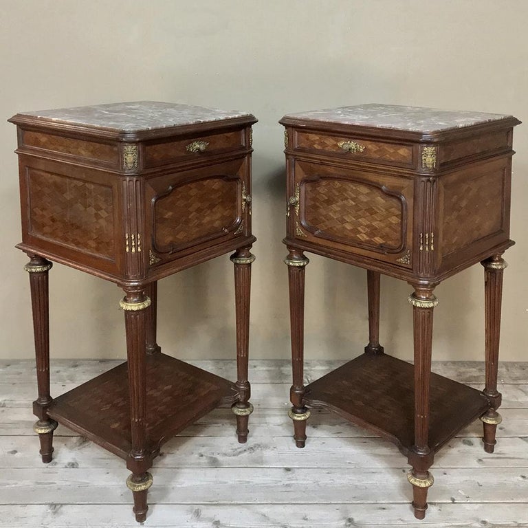 Pair of Louis XVI Bronze Mounted Mahogany Nightstands by Schmit of