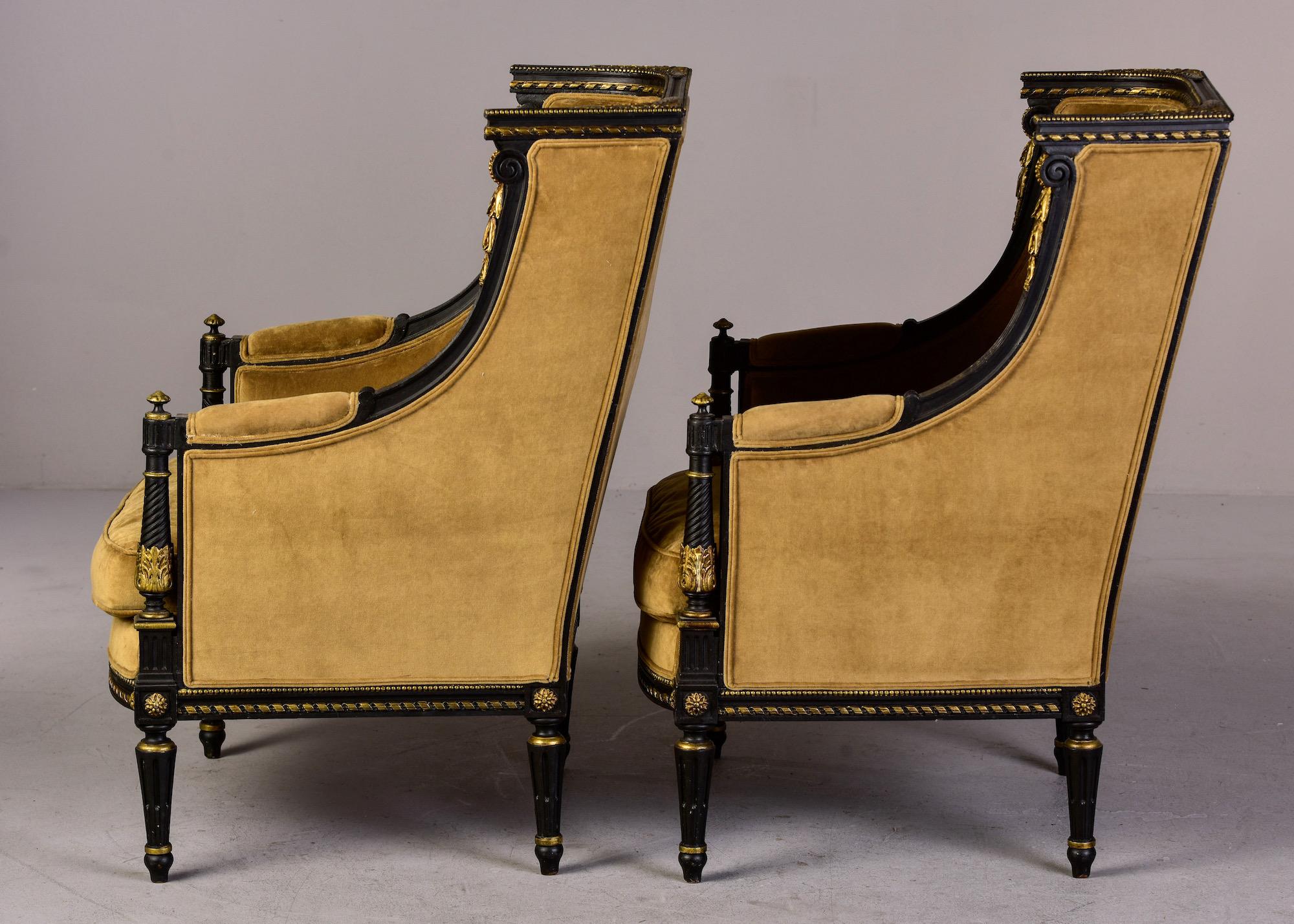 Pair 19th C Louis XVI Style Ebonised High Back Upholstered Bergeres with Gilt 4