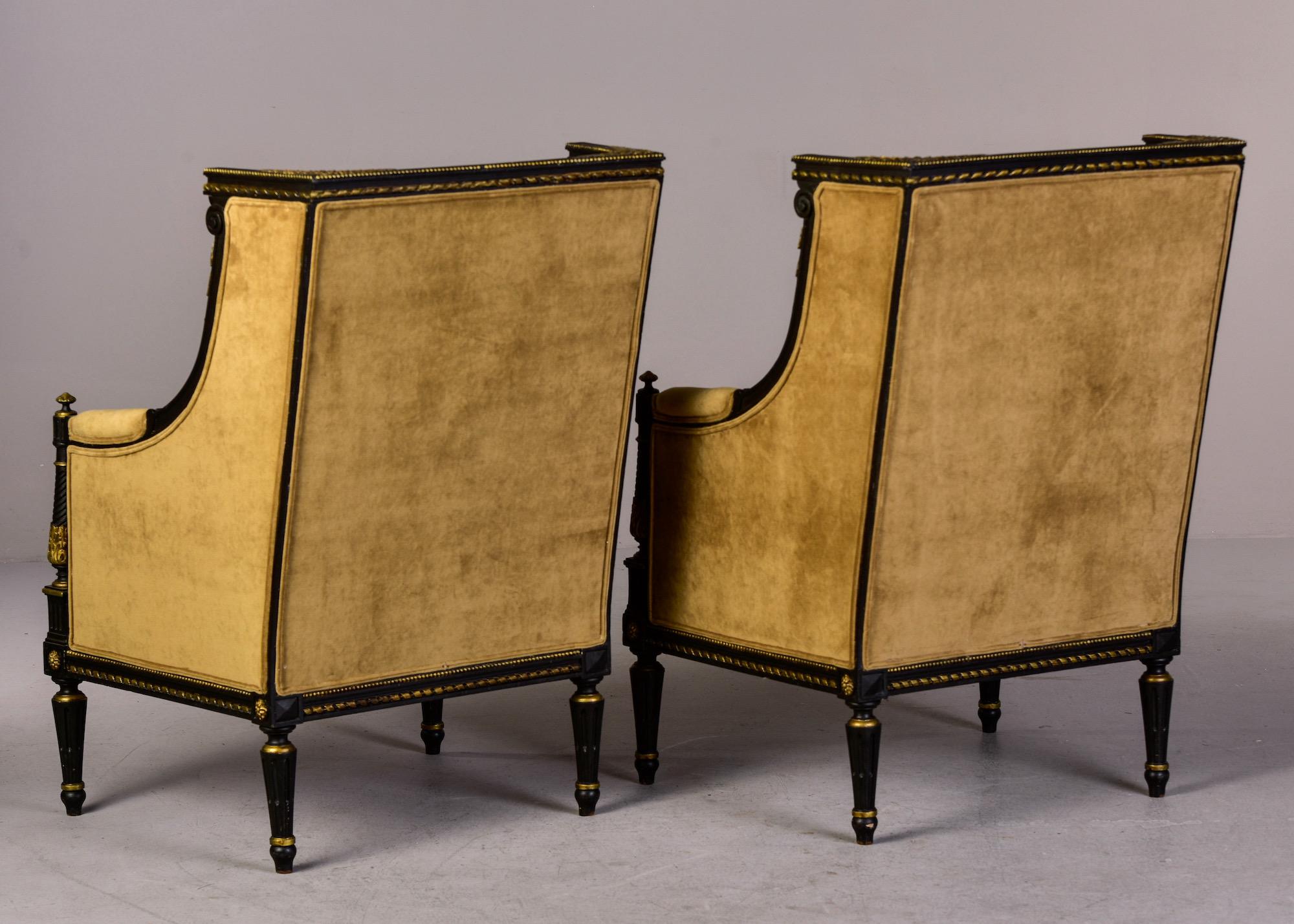 Pair 19th C Louis XVI Style Ebonised High Back Upholstered Bergeres with Gilt 5