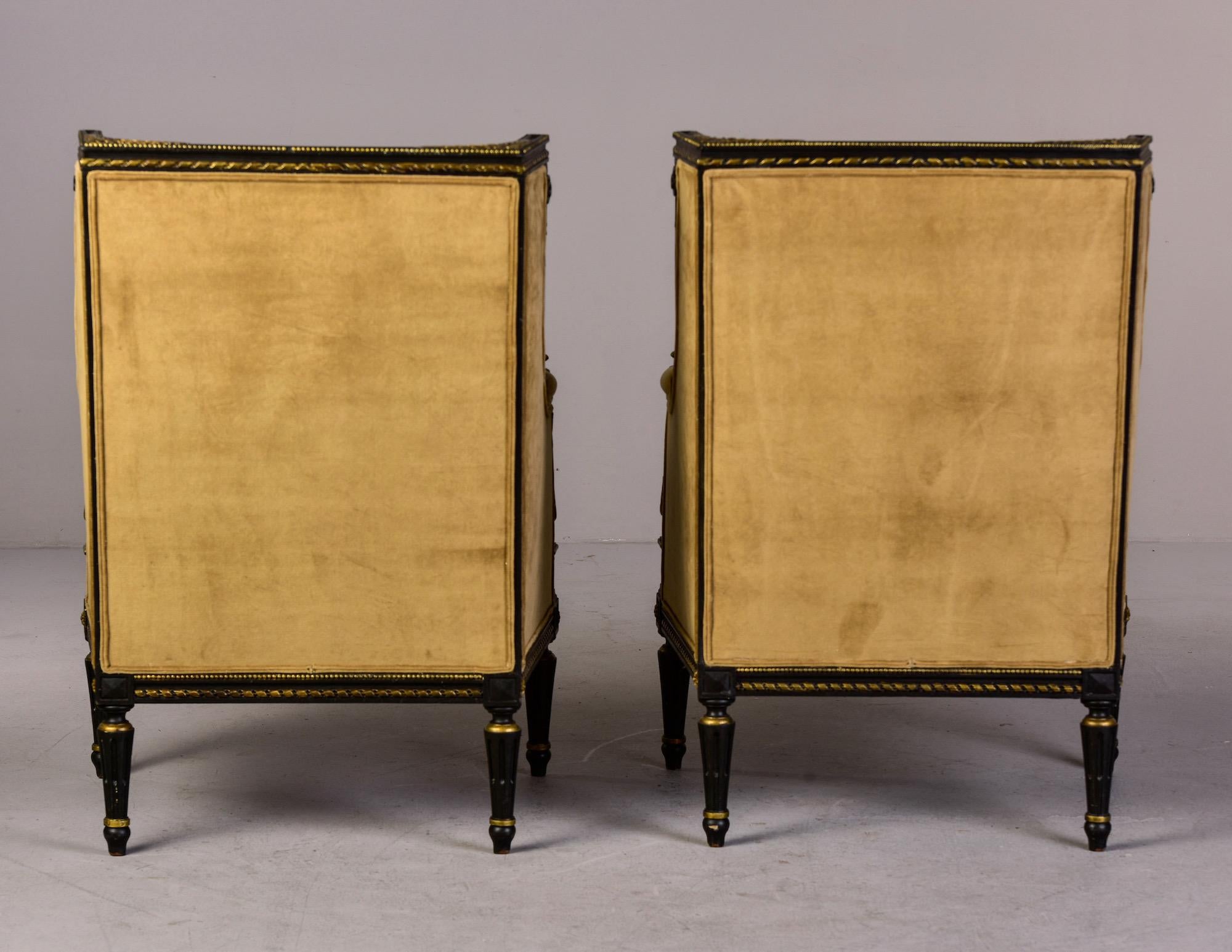 Pair 19th C Louis XVI Style Ebonised High Back Upholstered Bergeres with Gilt 6