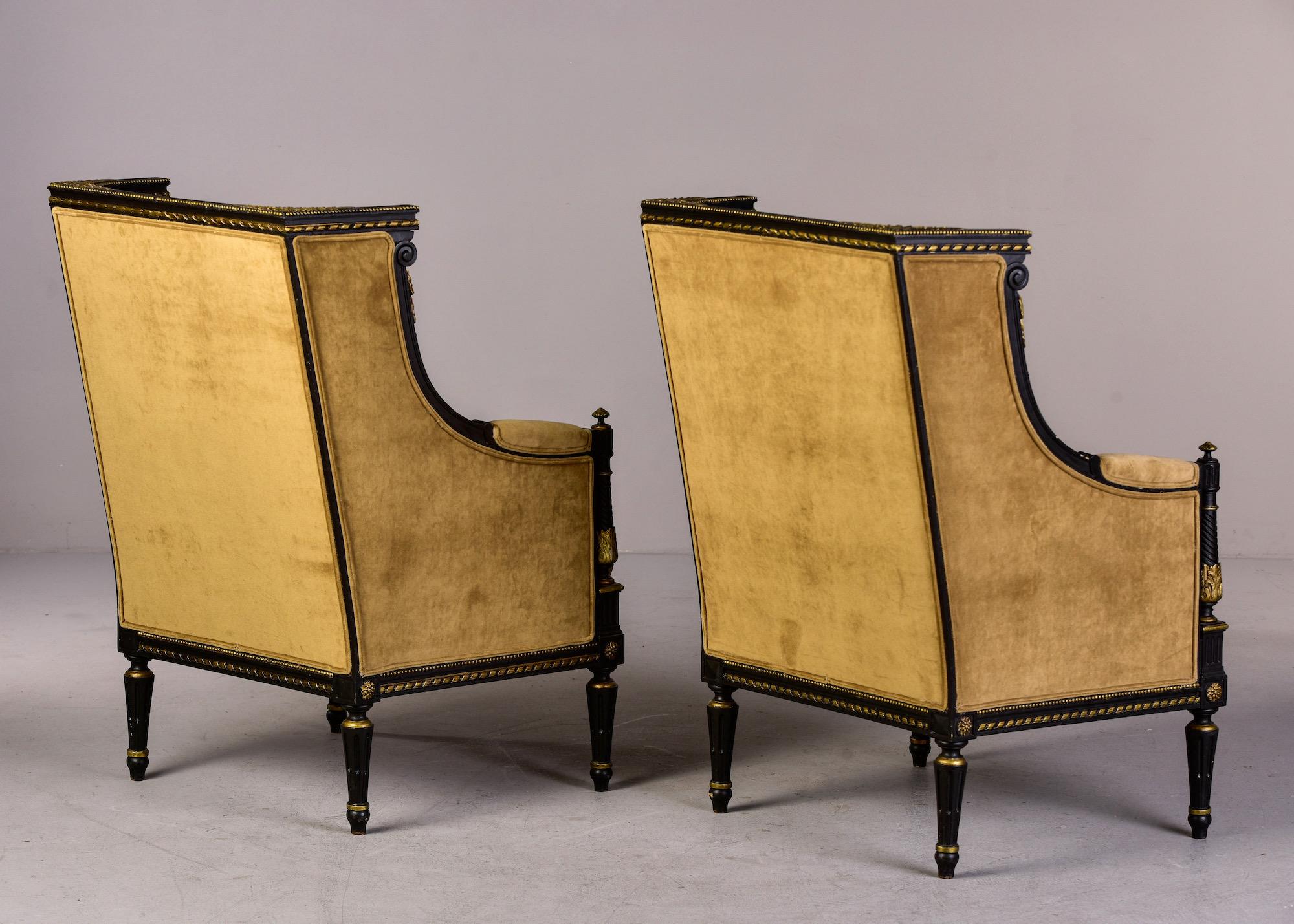 Pair 19th C Louis XVI Style Ebonised High Back Upholstered Bergeres with Gilt 7