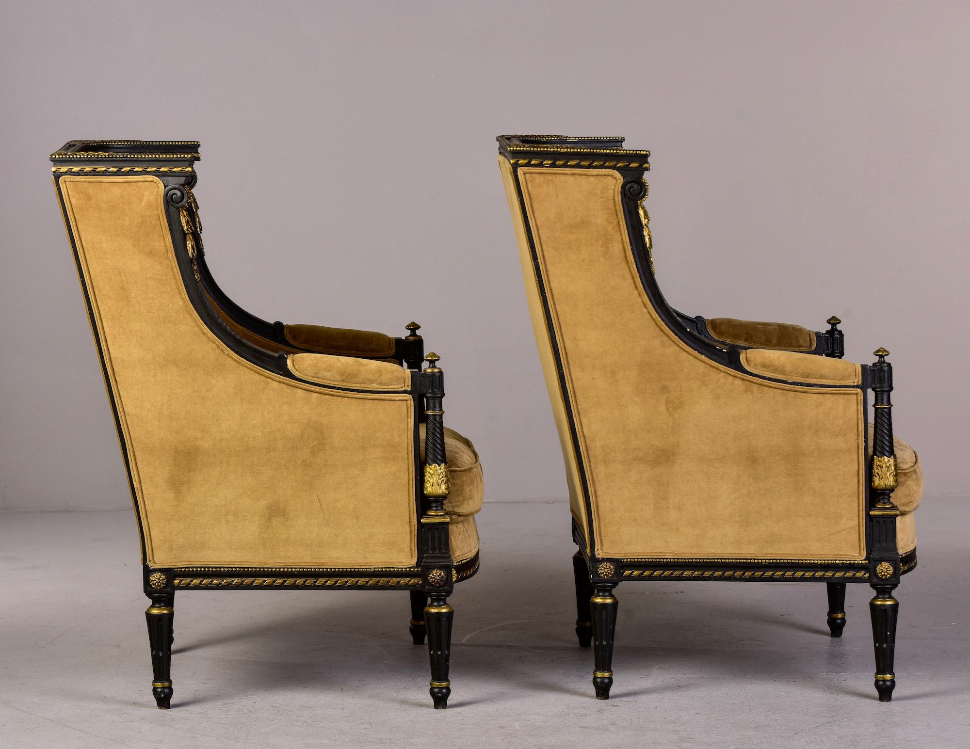 Pair 19th C Louis XVI Style Ebonised High Back Upholstered Bergeres with Gilt 8