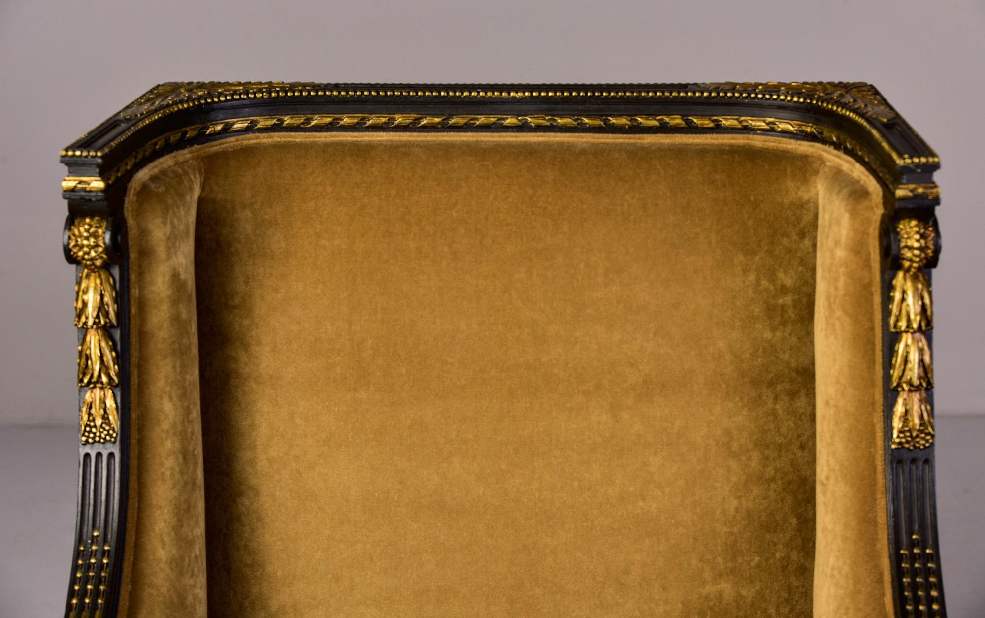 19th Century Pair 19th C Louis XVI Style Ebonised High Back Upholstered Bergeres with Gilt