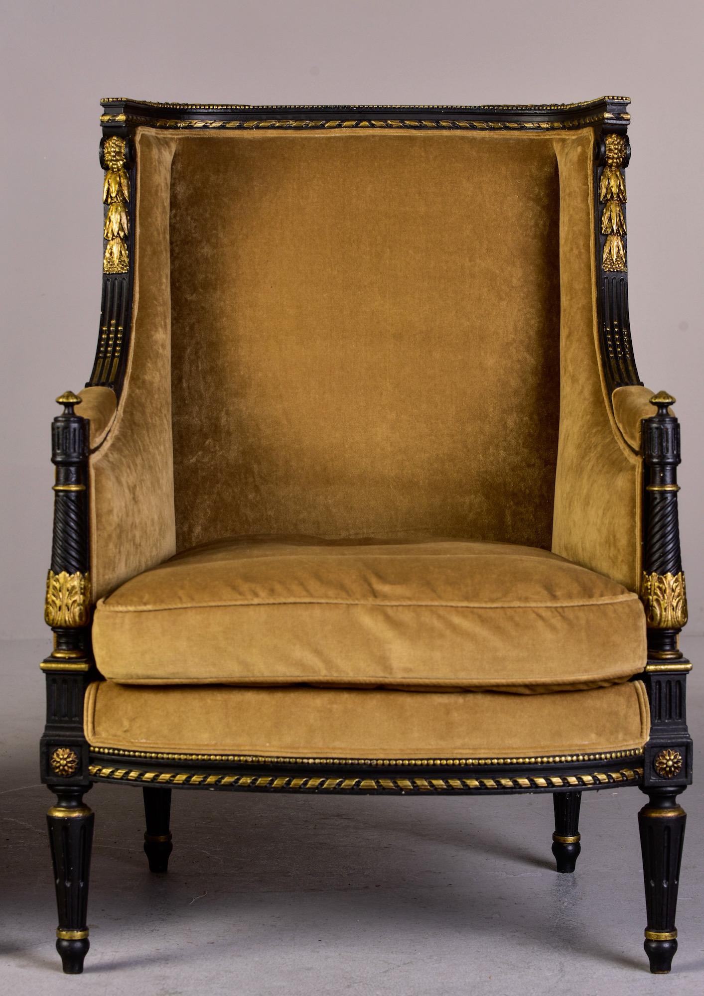 Upholstery Pair 19th C Louis XVI Style Ebonised High Back Upholstered Bergeres with Gilt