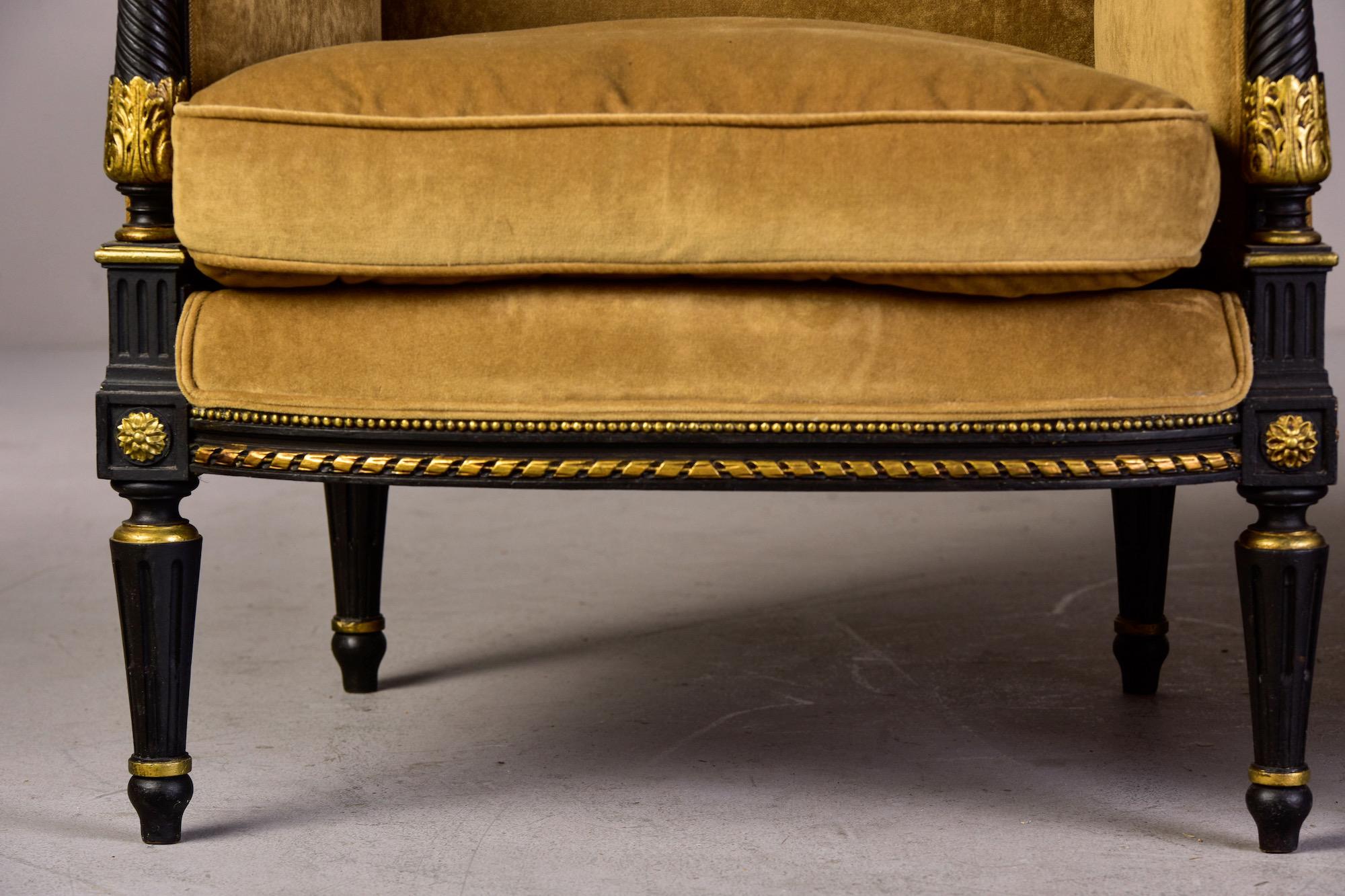 Pair 19th C Louis XVI Style Ebonised High Back Upholstered Bergeres with Gilt 1