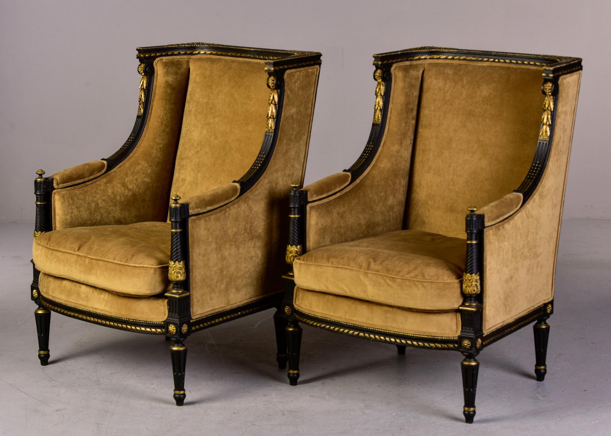 Pair 19th C Louis XVI Style Ebonised High Back Upholstered Bergeres with Gilt 3