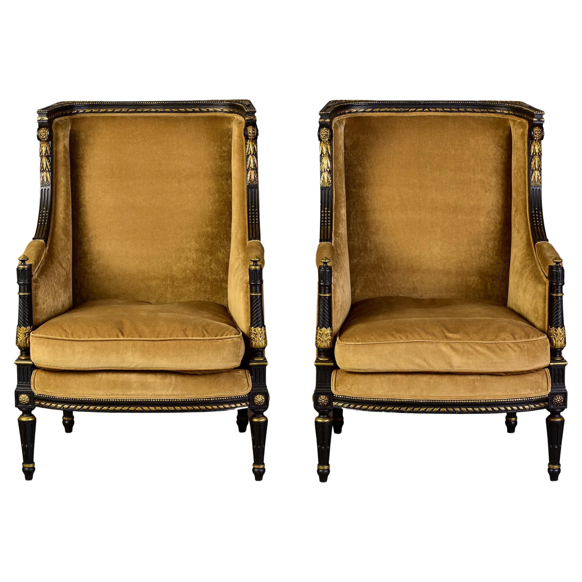 Pair 19th C Louis XVI Style Ebonised High Back Upholstered Bergeres with Gilt