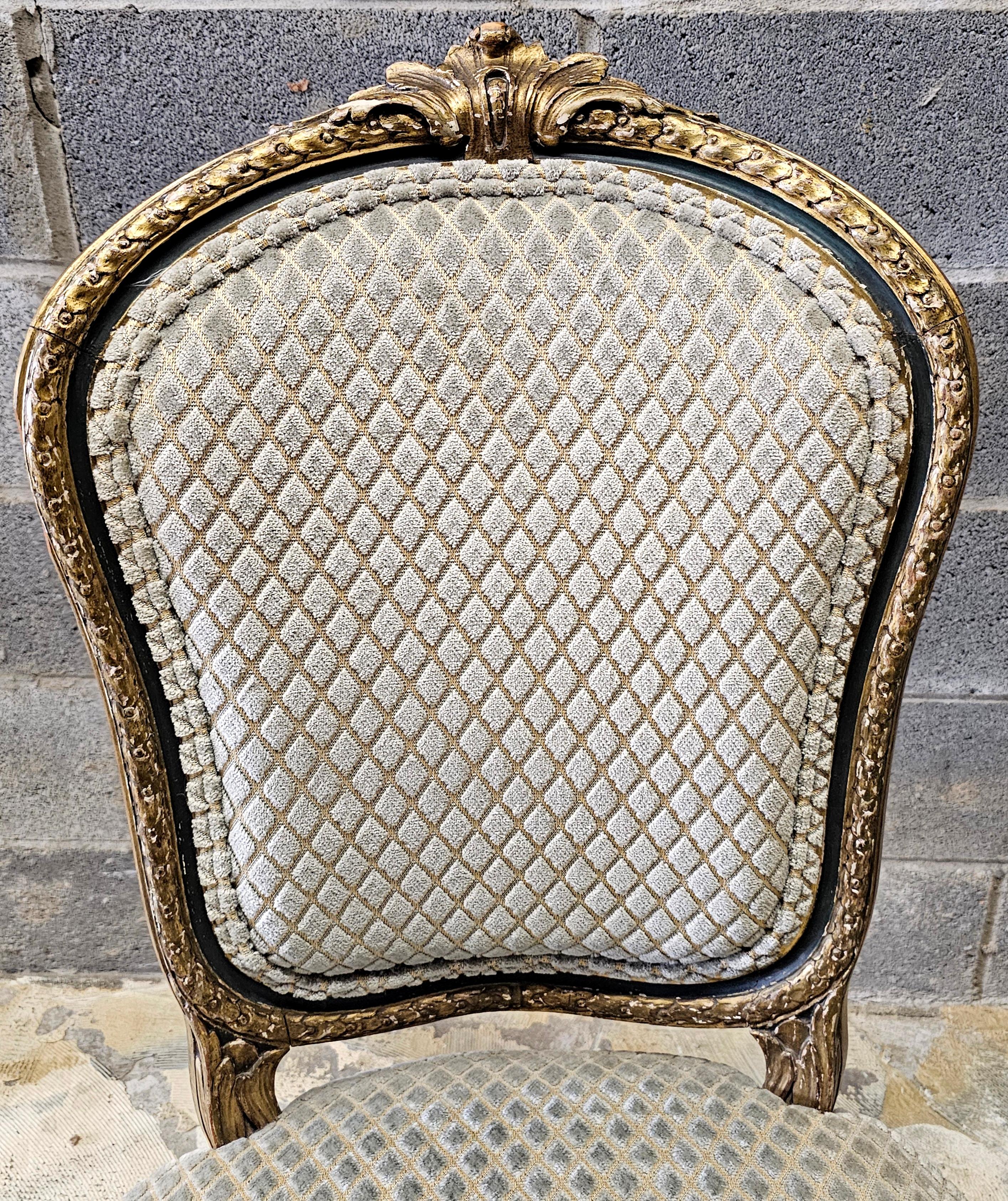 Pair 19th C. Louis XVI Style Partial Gilt Carved and Upholstered Accent Chairs For Sale 3