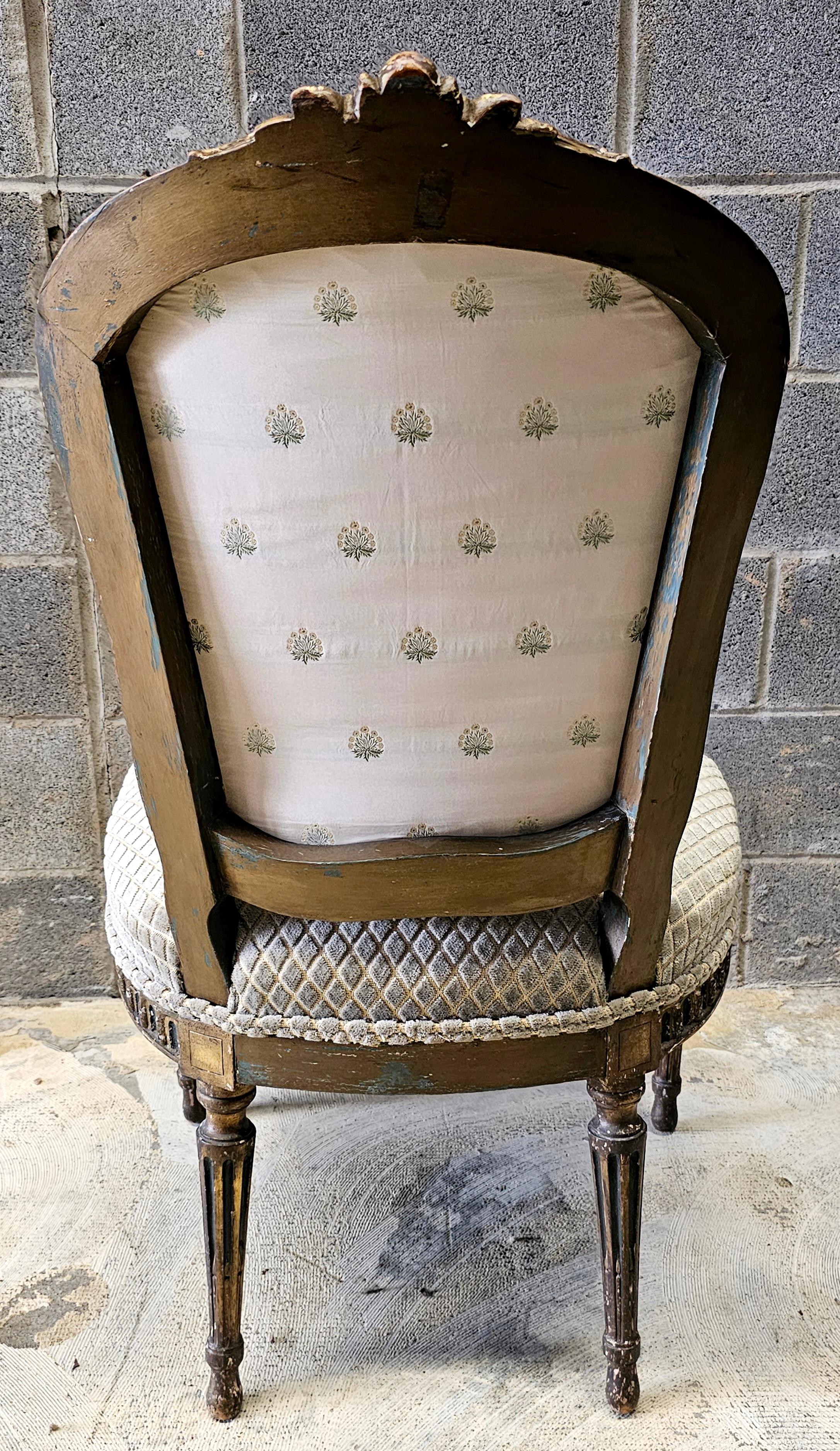 Pair 19th C. Louis XVI Style Partial Gilt Carved and Upholstered Accent Chairs For Sale 6