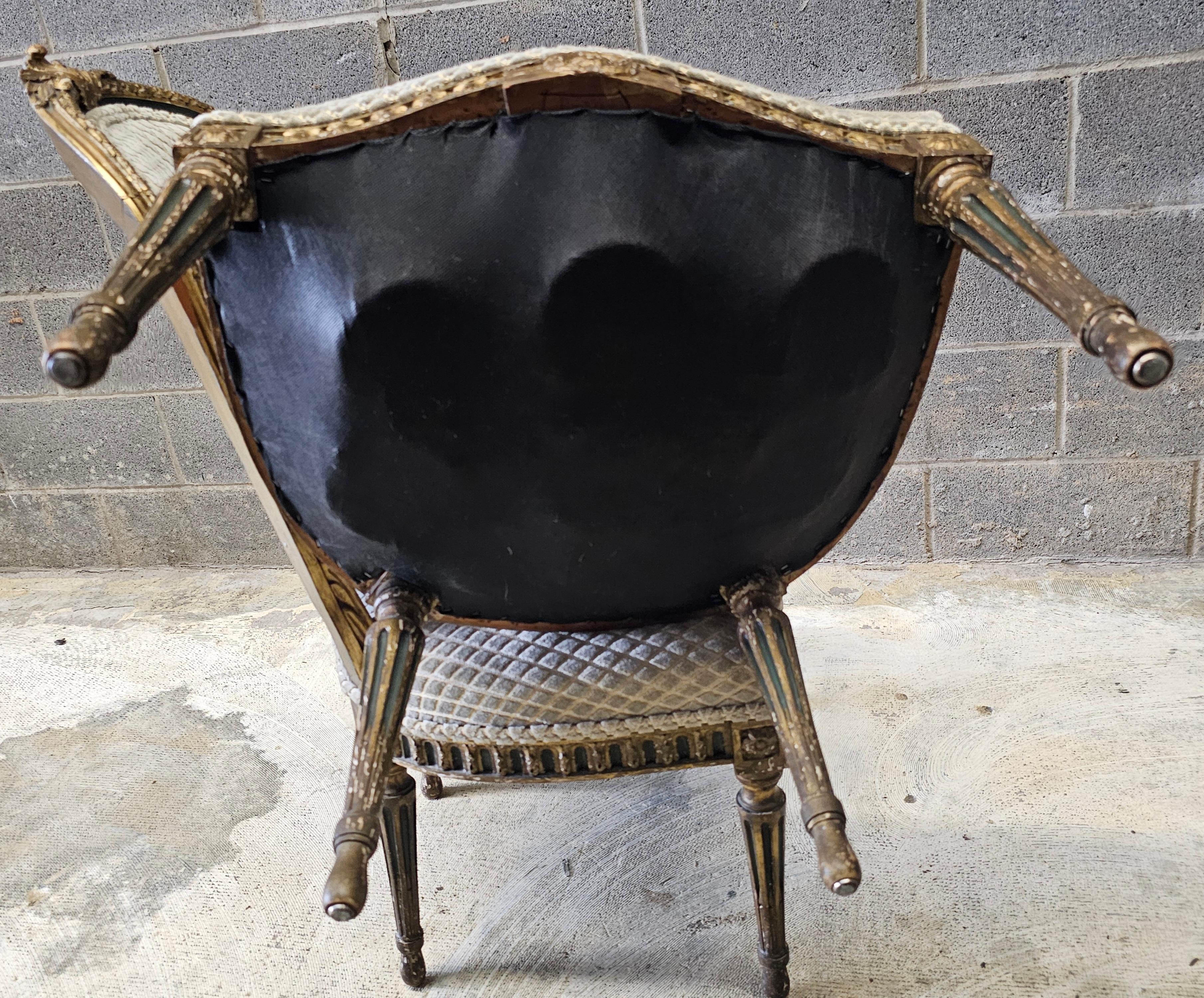 Pair 19th C. Louis XVI Style Partial Gilt Carved and Upholstered Accent Chairs For Sale 8