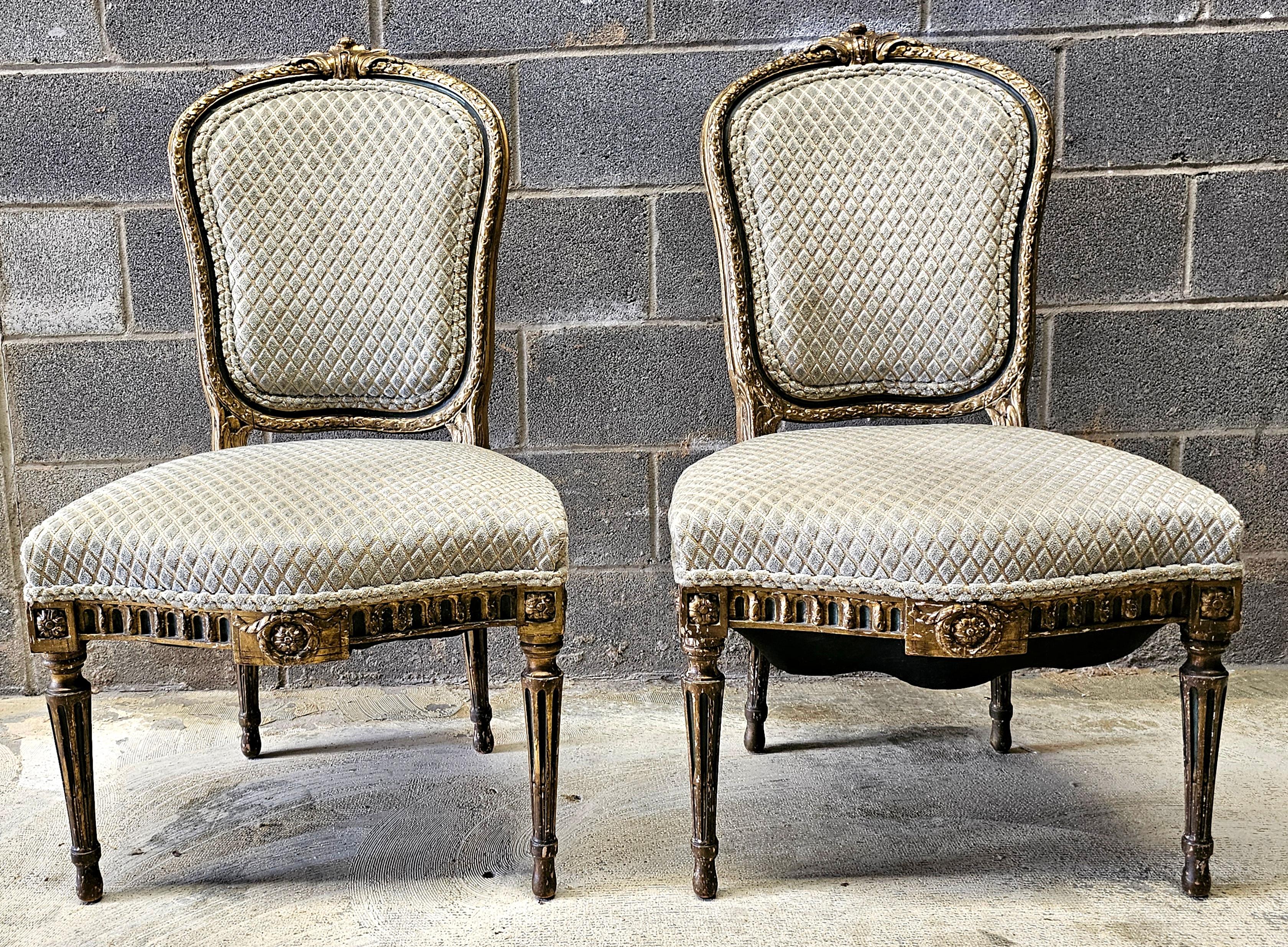 American Pair 19th C. Louis XVI Style Partial Gilt Carved and Upholstered Accent Chairs For Sale