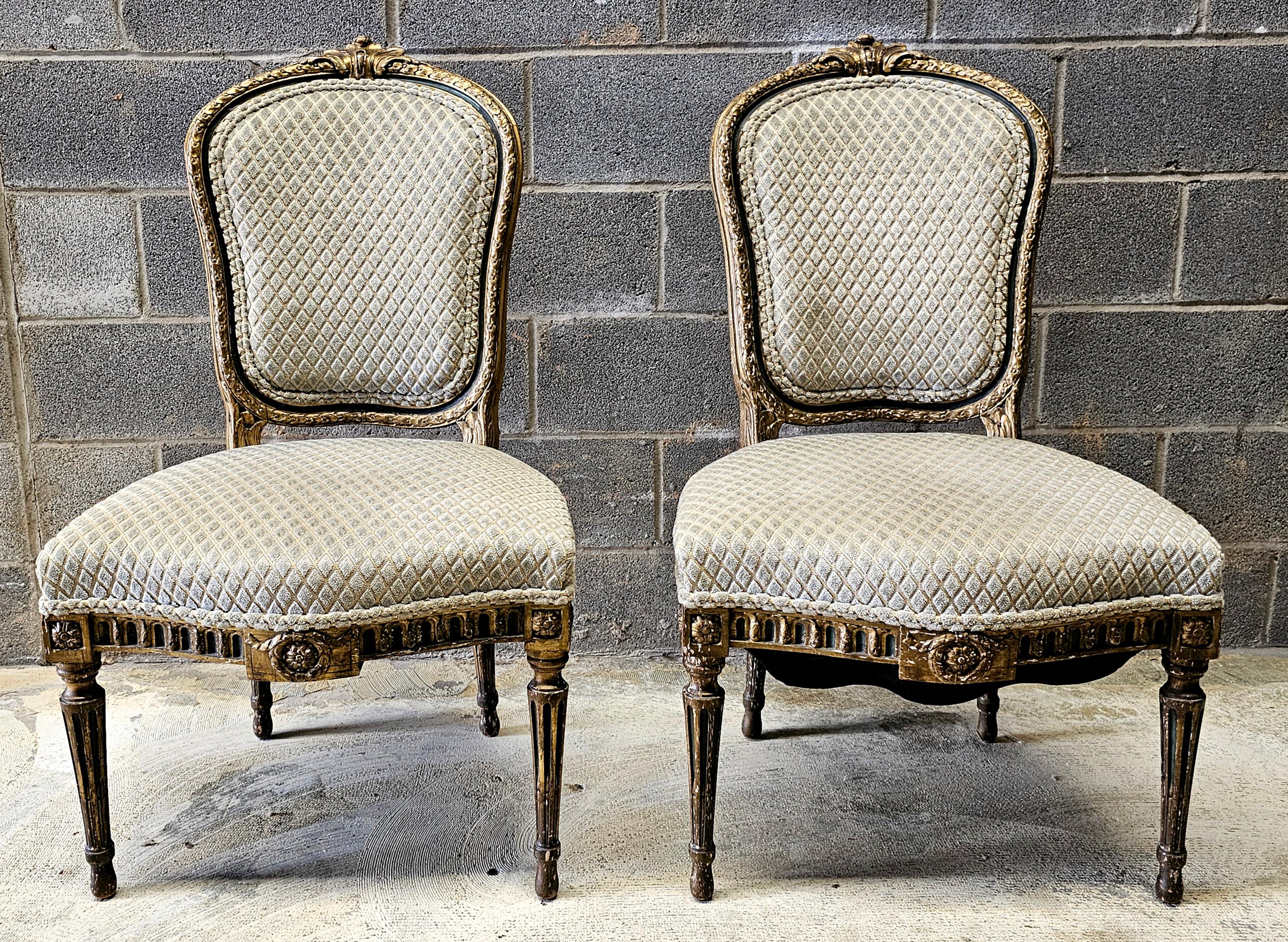 Other Pair 19th C. Louis XVI Style Partial Gilt Carved and Upholstered Accent Chairs For Sale