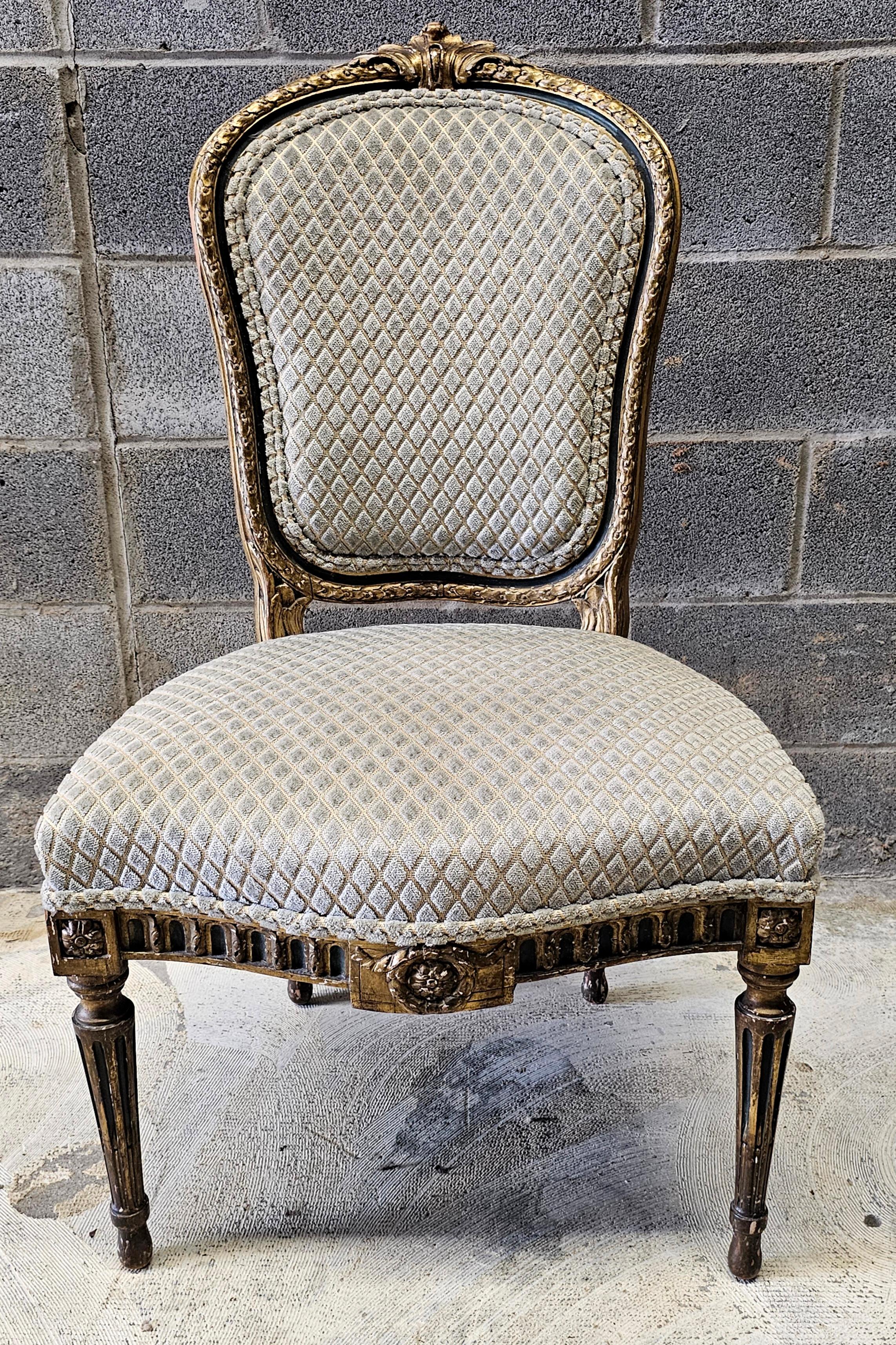 Pair 19th C. Louis XVI Style Partial Gilt Carved and Upholstered Accent Chairs In Good Condition For Sale In Germantown, MD