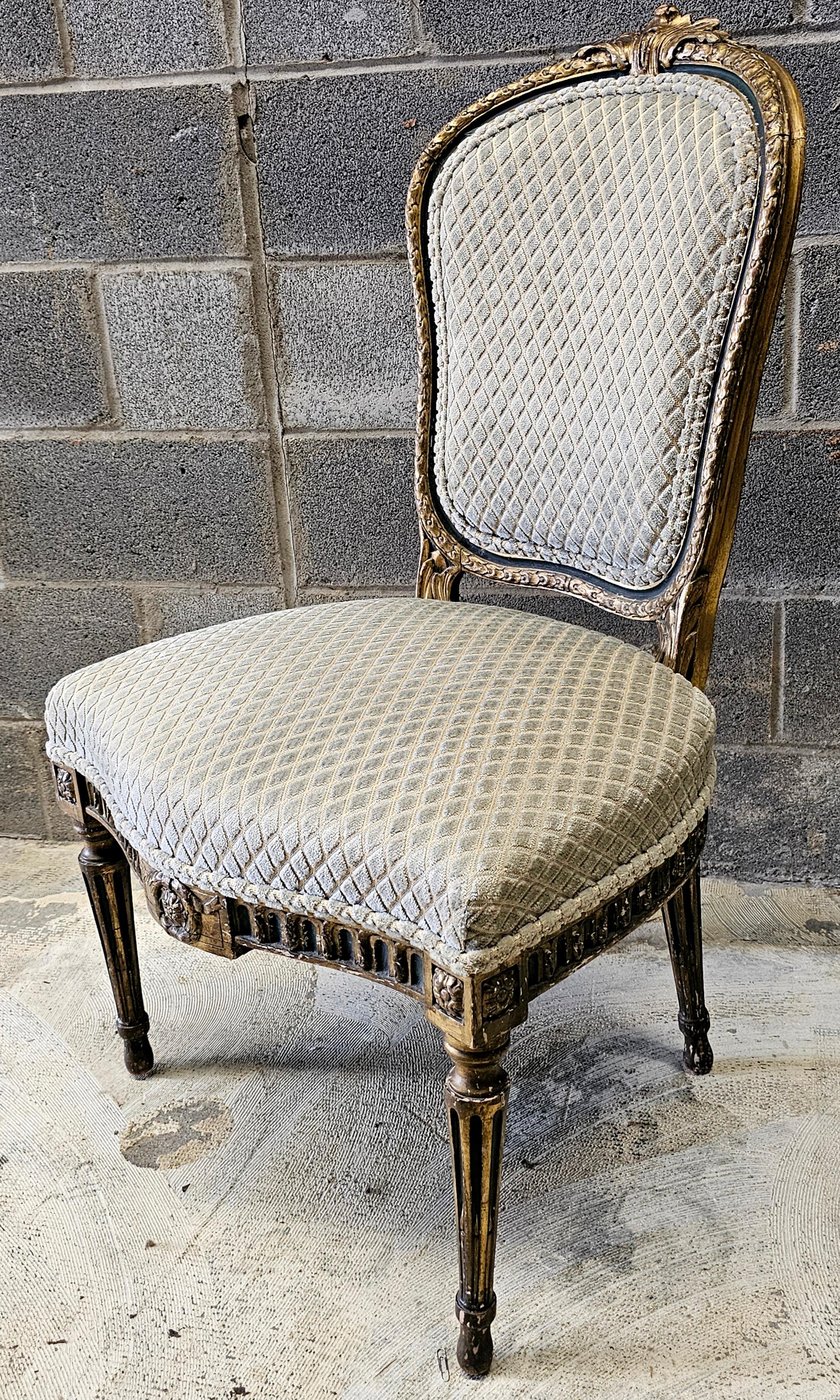 Pair 19th C. Louis XVI Style Partial Gilt Carved and Upholstered Accent Chairs For Sale 2