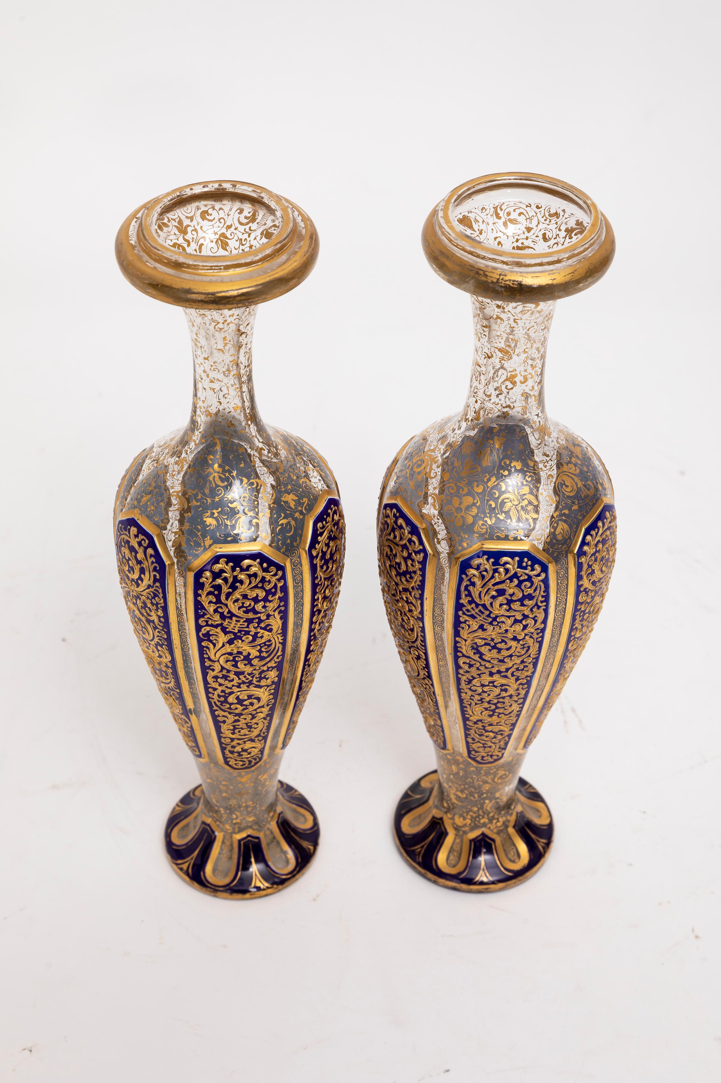 Louis XVI Pair 19th C. Moser Cobalt Blue Cut-to-Clear Gold Floral Decorated Vases, Islamic