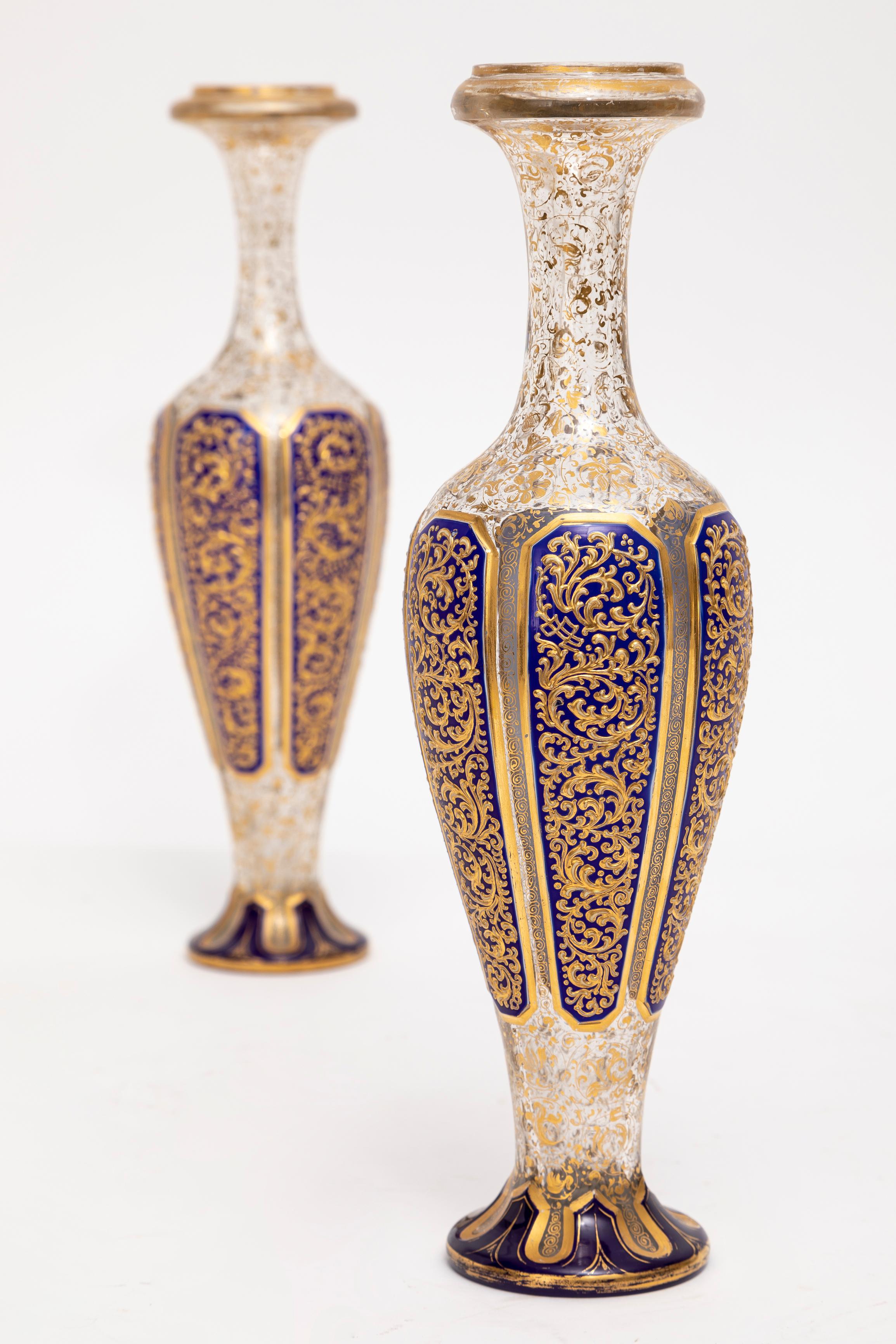 Czech Pair 19th C. Moser Cobalt Blue Cut-to-Clear Gold Floral Decorated Vases, Islamic