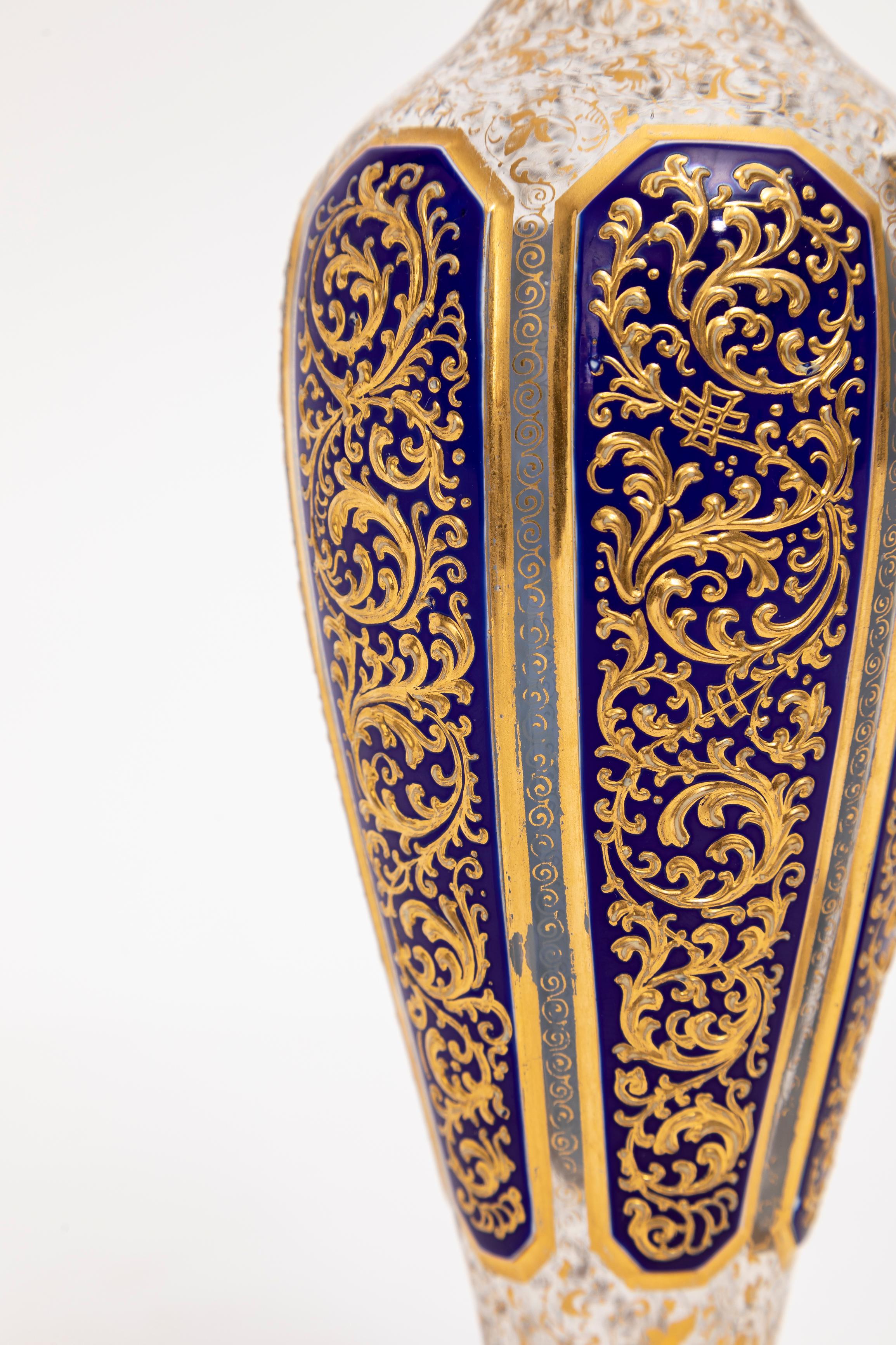 Hand-Carved Pair 19th C. Moser Cobalt Blue Cut-to-Clear Gold Floral Decorated Vases, Islamic