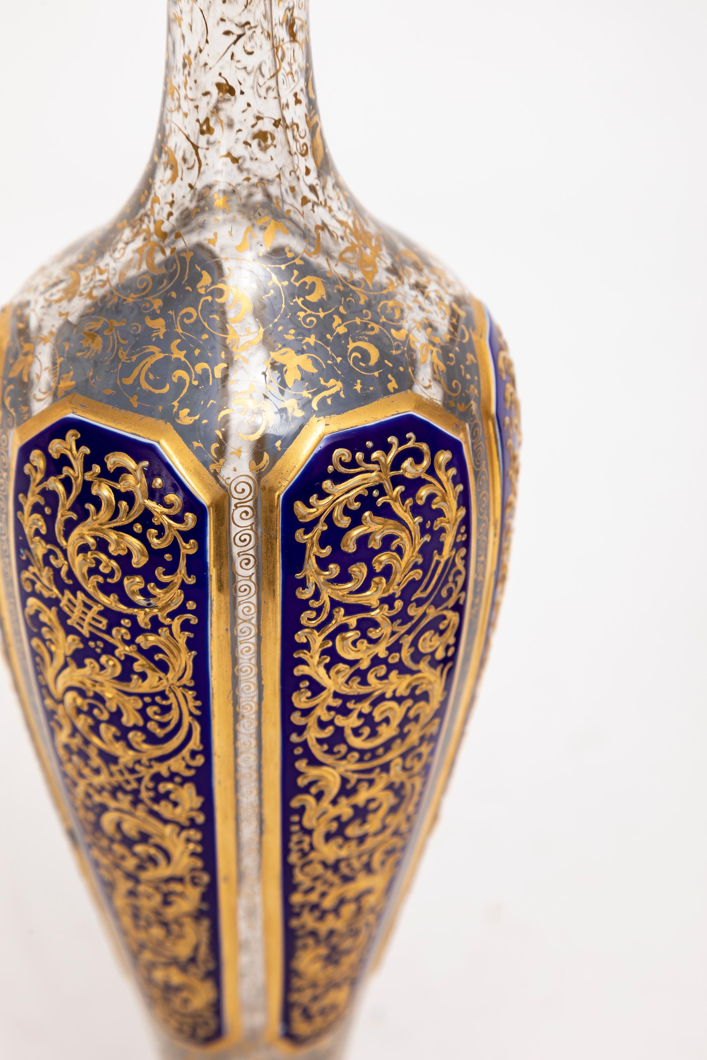 Late 19th Century Pair 19th C. Moser Cobalt Blue Cut-to-Clear Gold Floral Decorated Vases, Islamic