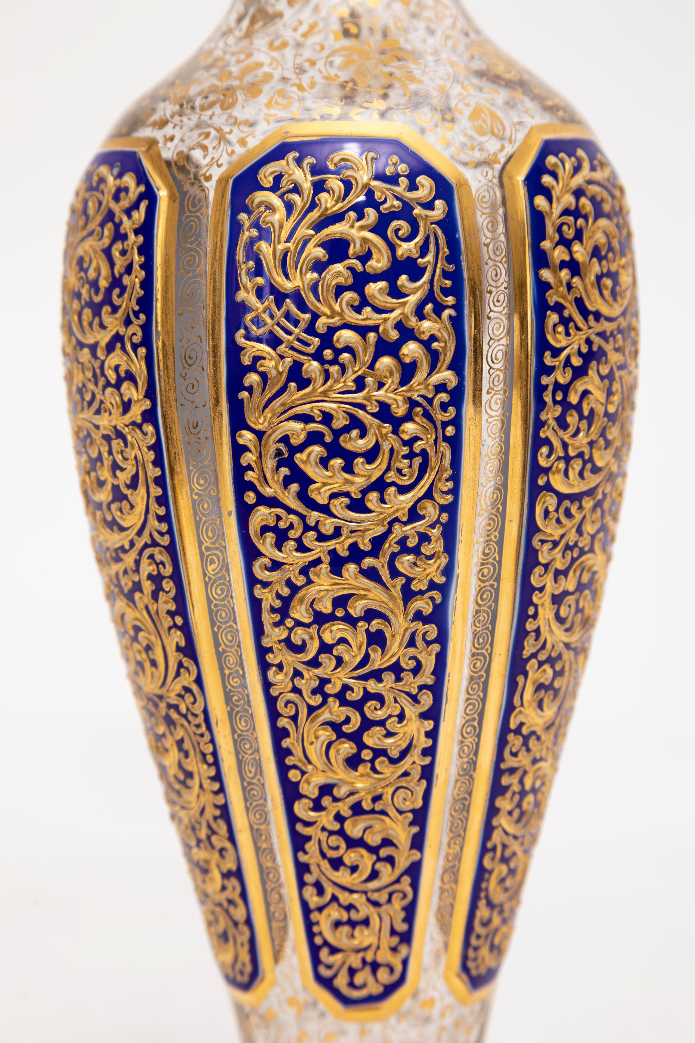 Crystal Pair 19th C. Moser Cobalt Blue Cut-to-Clear Gold Floral Decorated Vases, Islamic