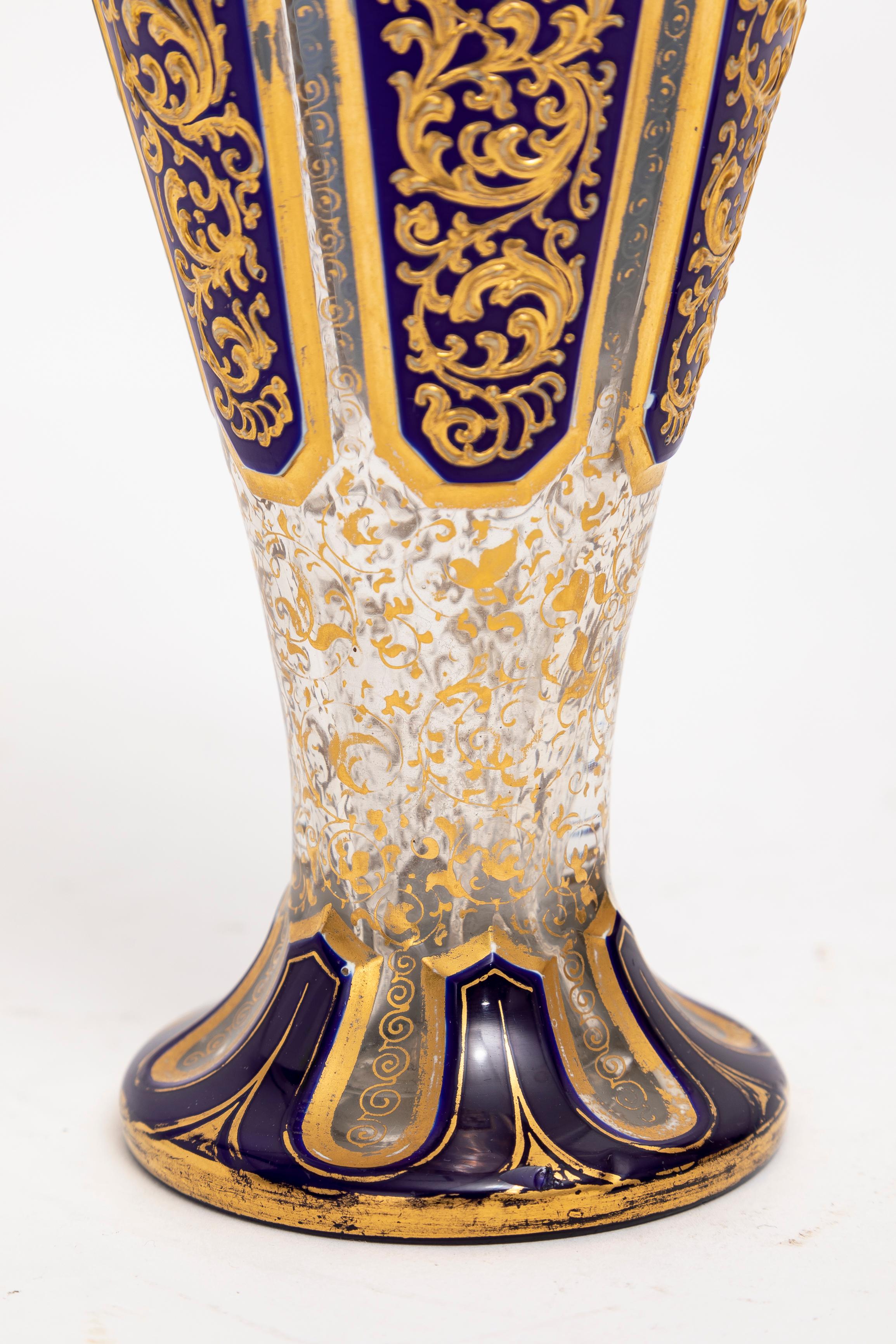 Pair 19th C. Moser Cobalt Blue Cut-to-Clear Gold Floral Decorated Vases, Islamic 1