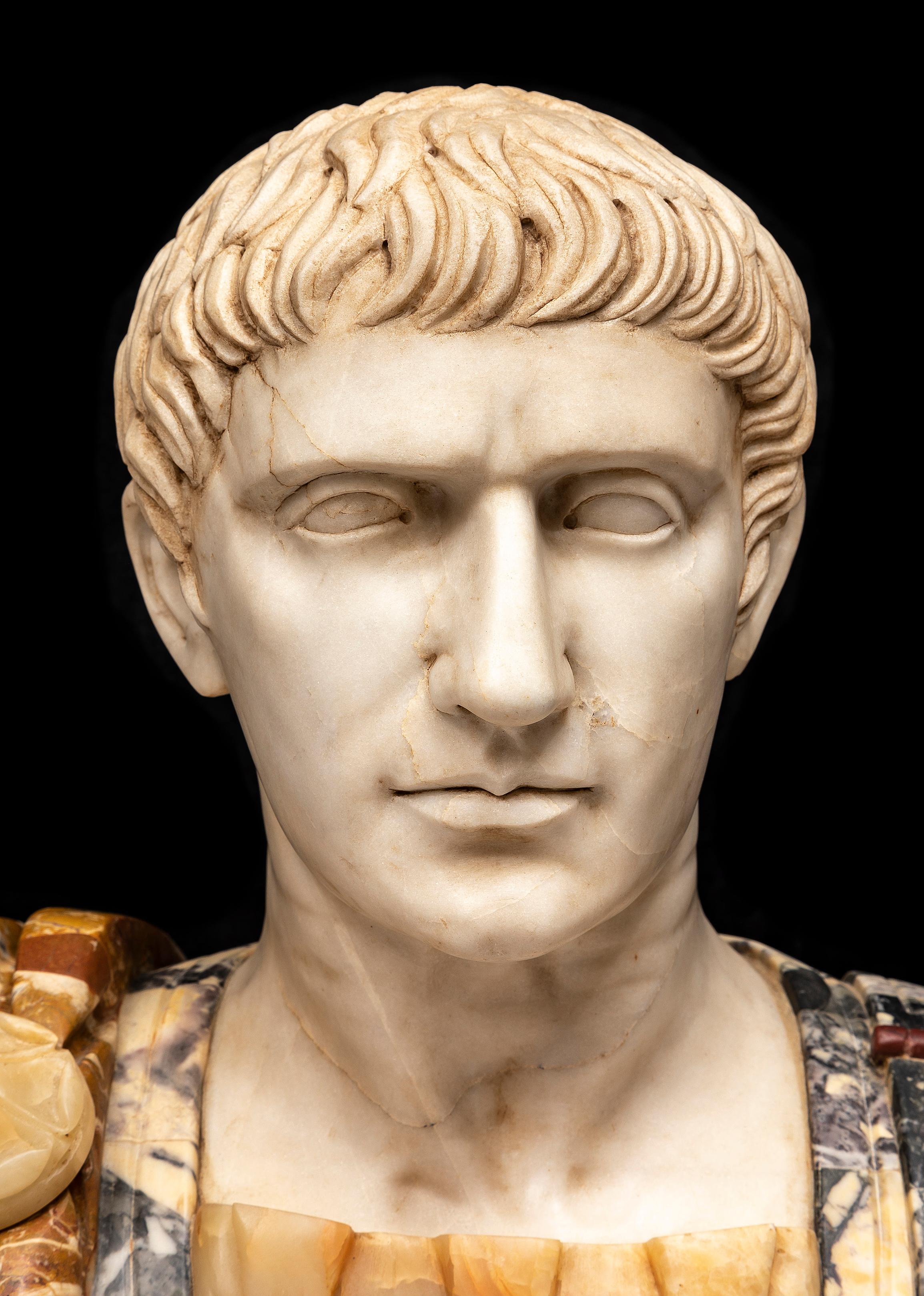 Pair 19th C. Multi-Specimen Marble & Porphyry Busts, Ceasar Domitian & Augustus For Sale 3