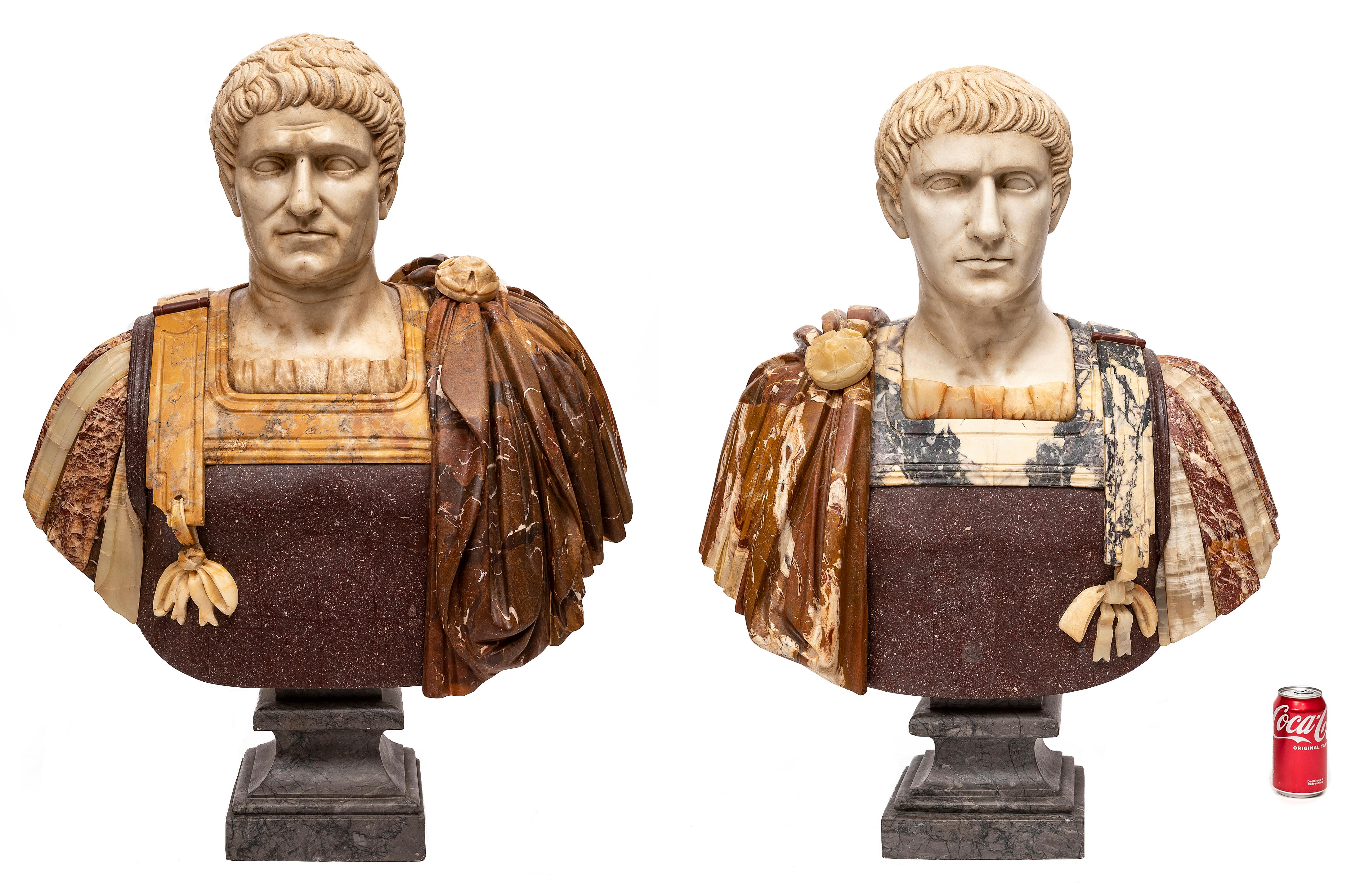 An Incredible and Large Pair of Multi-Specimen Marble and Porphyry Busts of Ceasars Domitian and Augustus of Prima Porta. Each composed of multiple stone specimens and mounted on square black marble pedestals. The heads are carved from white marble,