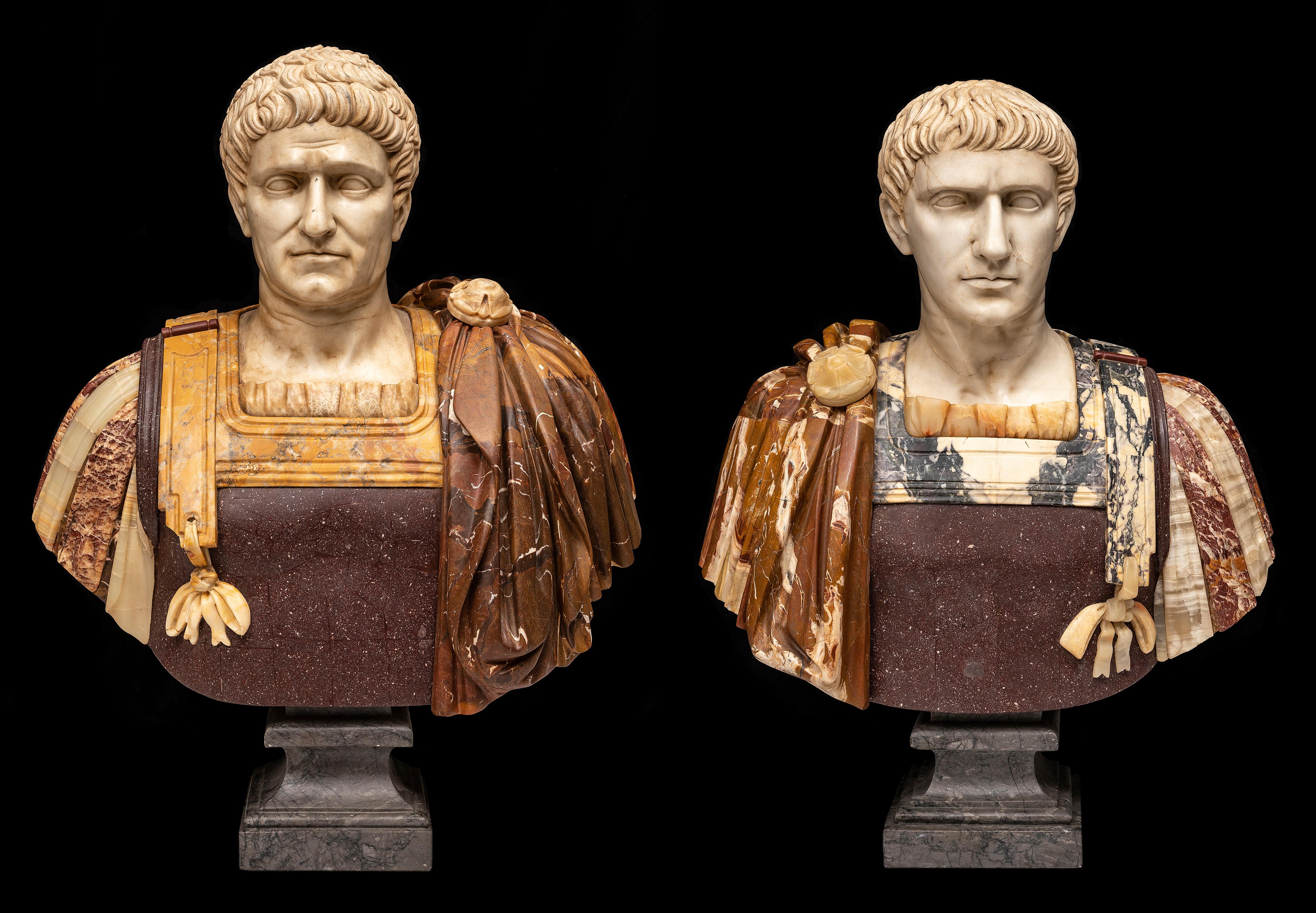 Grand Tour Pair 19th C. Multi-Specimen Marble & Porphyry Busts, Ceasar Domitian & Augustus For Sale