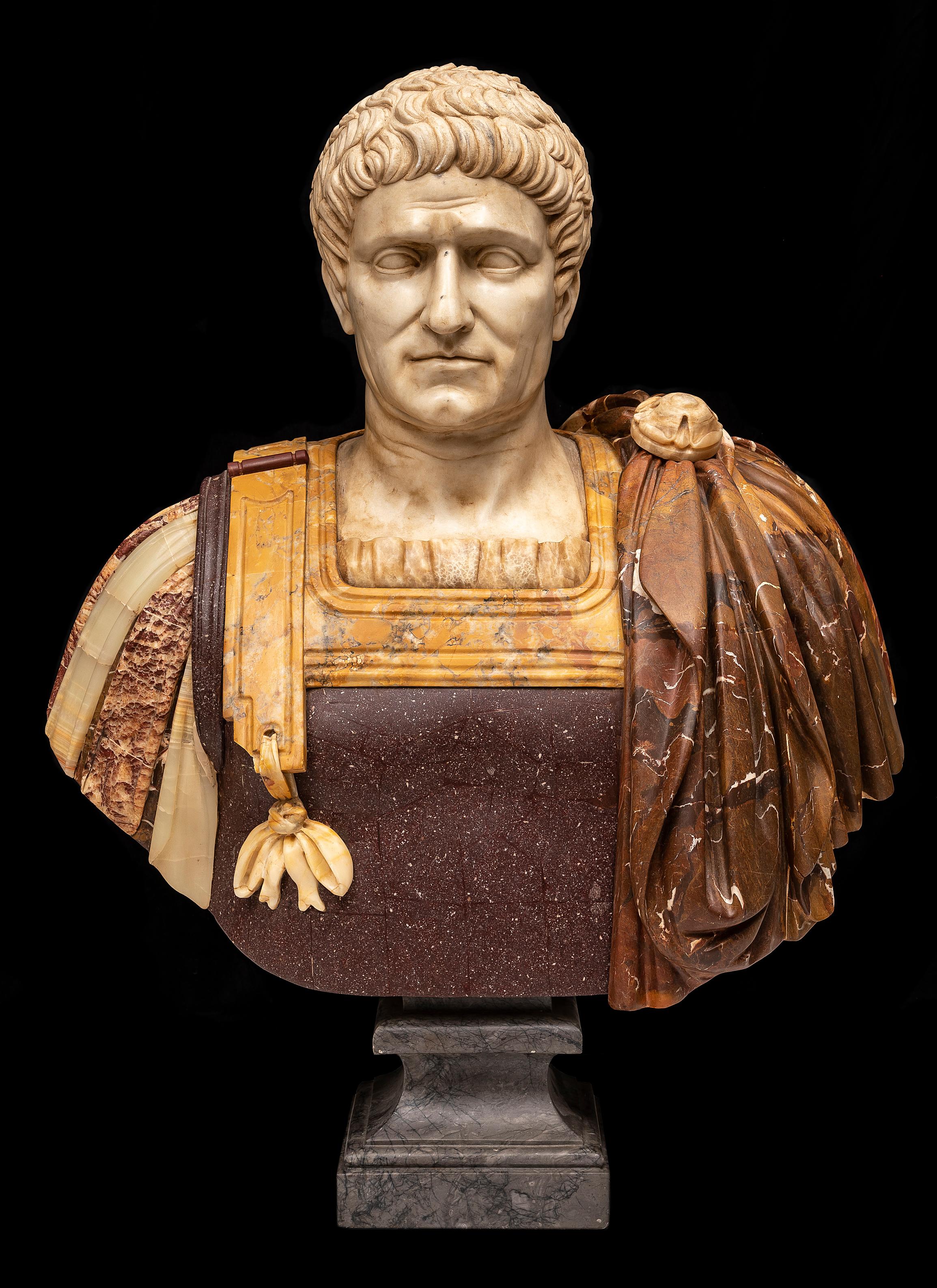 Italian Pair 19th C. Multi-Specimen Marble & Porphyry Busts, Ceasar Domitian & Augustus For Sale