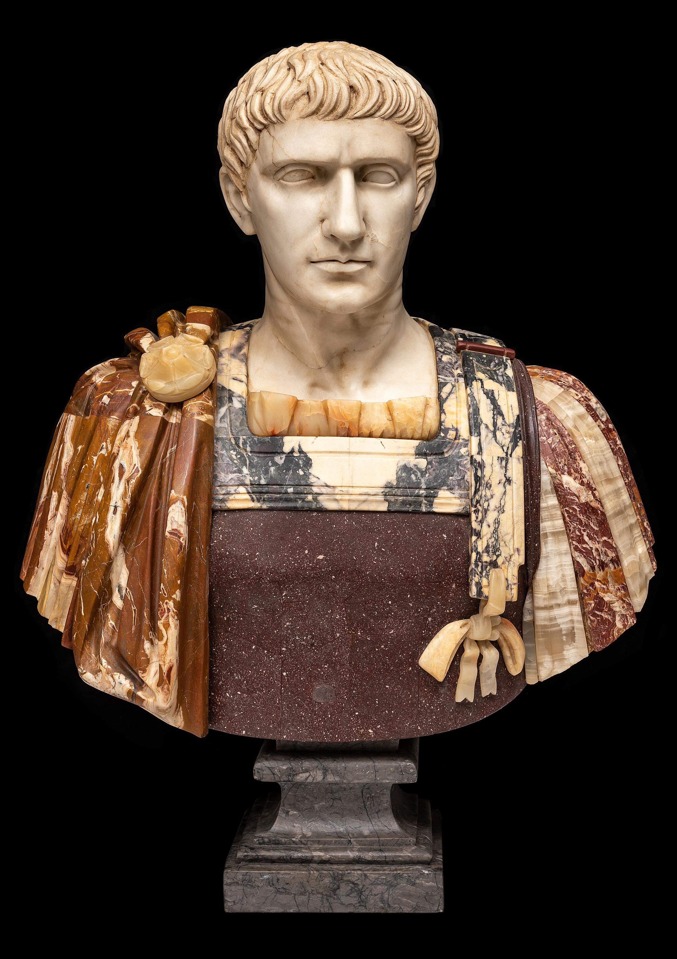 Hand-Carved Pair 19th C. Multi-Specimen Marble & Porphyry Busts, Ceasar Domitian & Augustus For Sale