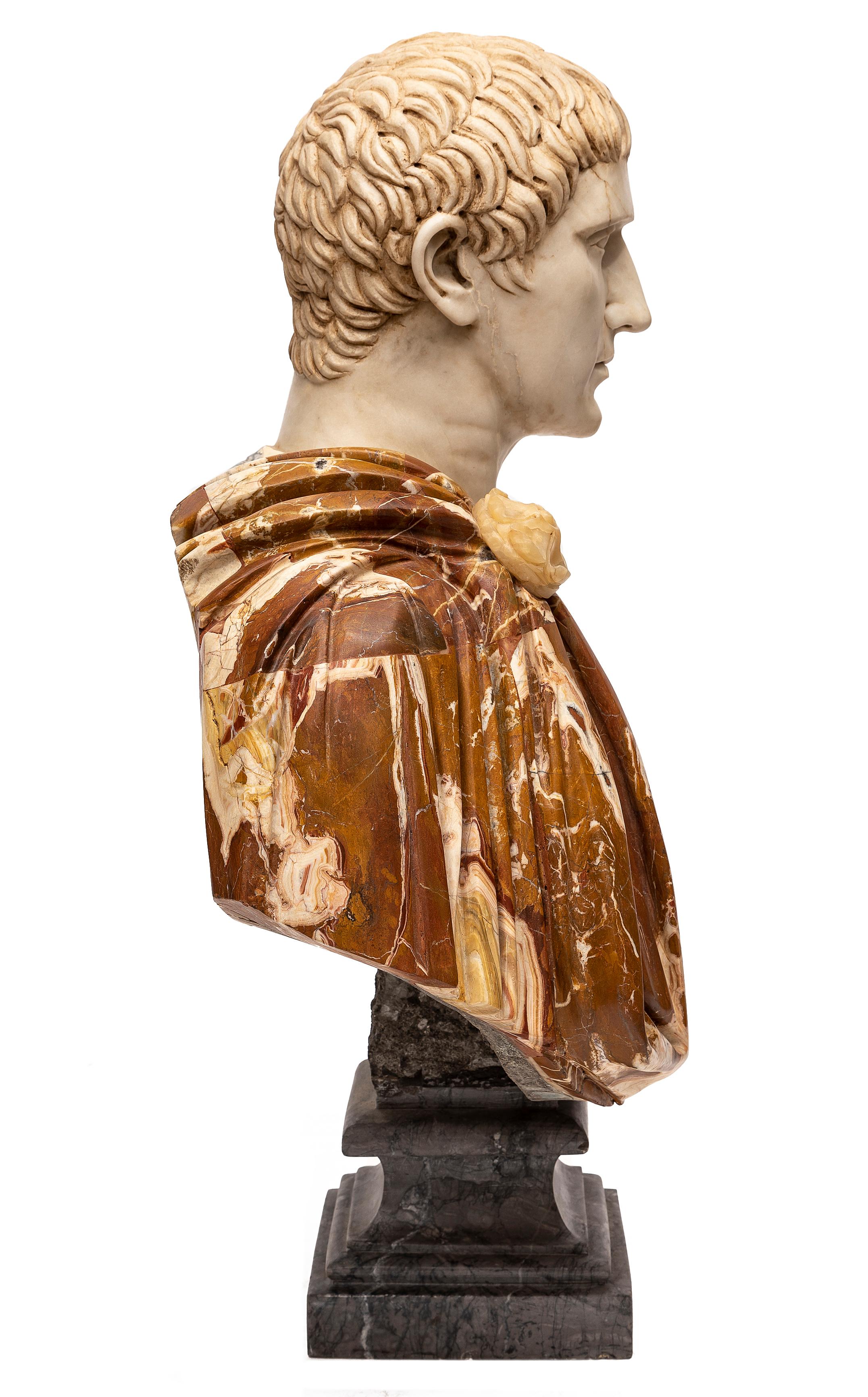 Pair 19th C. Multi-Specimen Marble & Porphyry Busts, Ceasar Domitian & Augustus In Good Condition For Sale In New York, NY