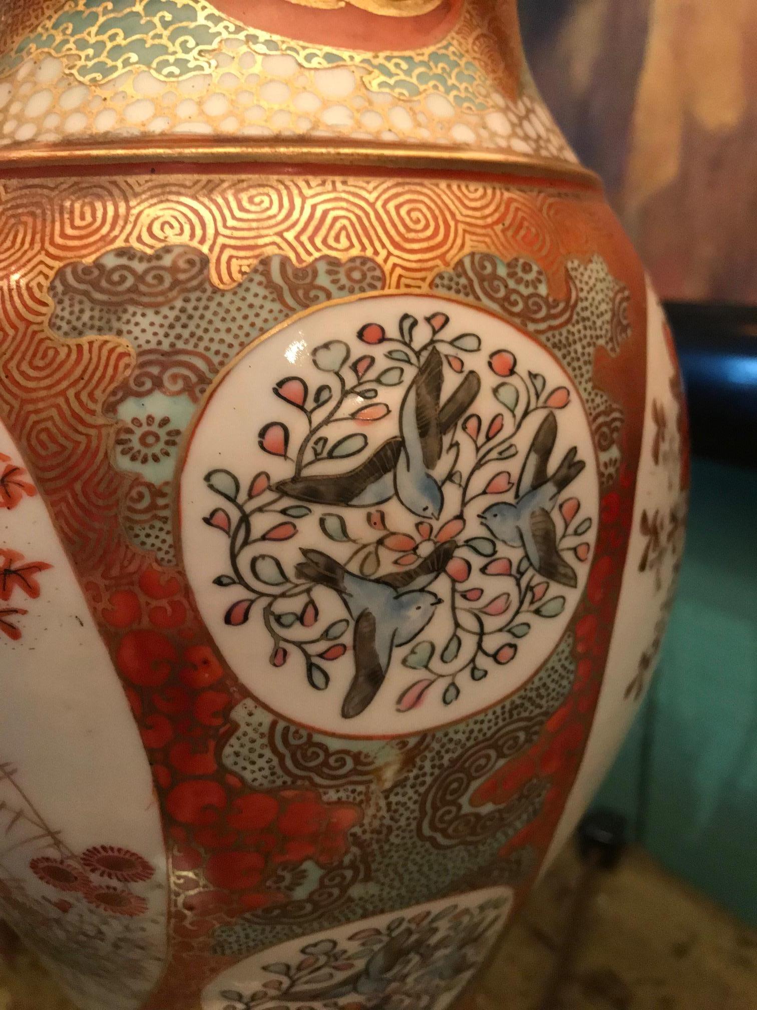 19th Century Pair of Kutani Meiji Period Vases Porcelain Urns Table Lamps Antiques LA light  For Sale