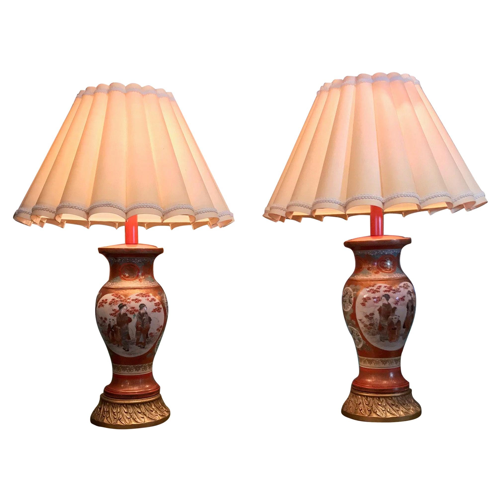 Pair of Kutani Meiji Period Vases Porcelain Urns Table Lamps Antiques LA light  For Sale