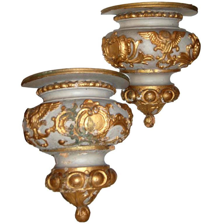 Pair 19th c. Painted and Gilded Appliques For Sale at 1stDibs