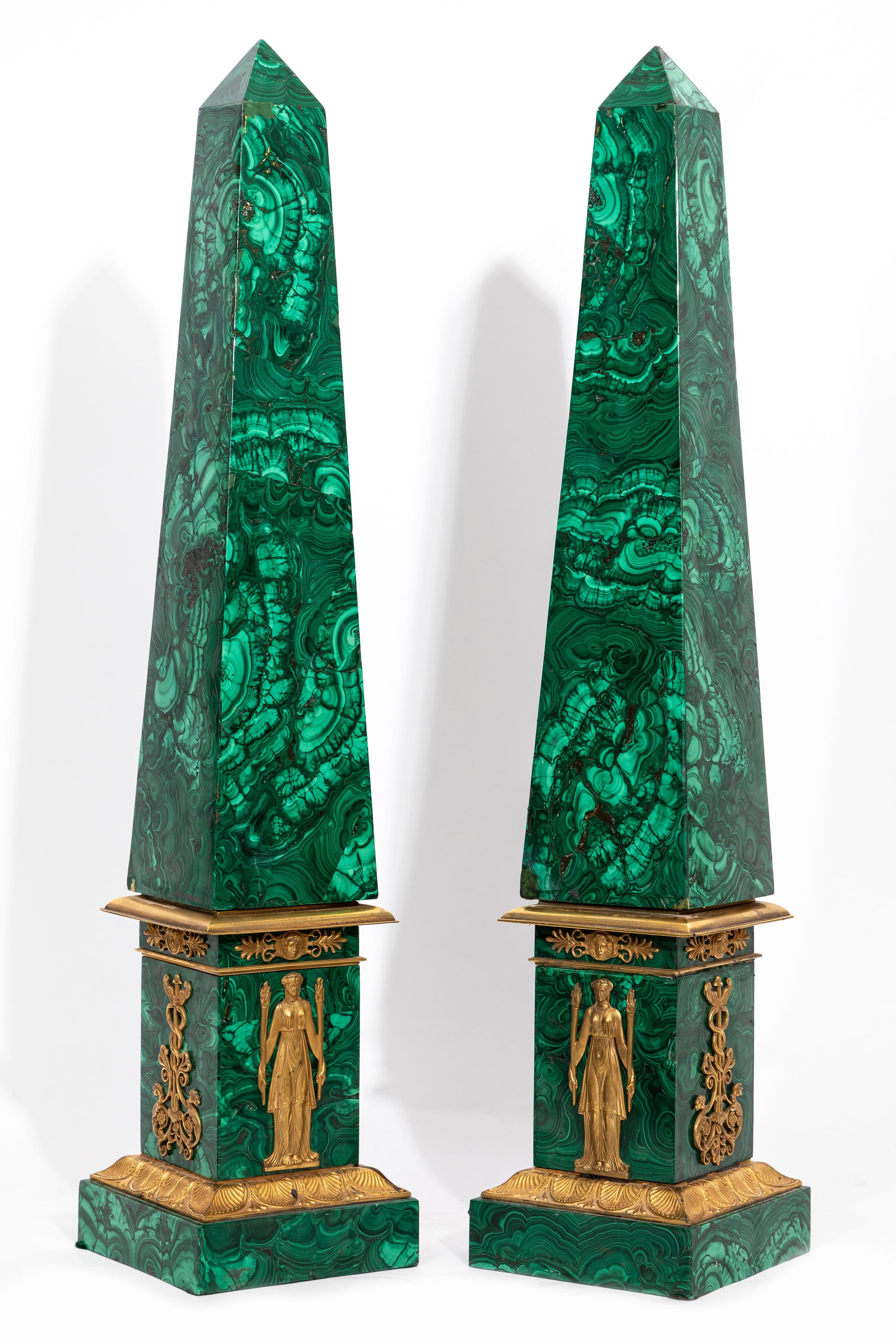 Hand-Carved A Fine Pair of Russian Empire Period Malachite And Ormolu Obelisks, Early 1800's For Sale