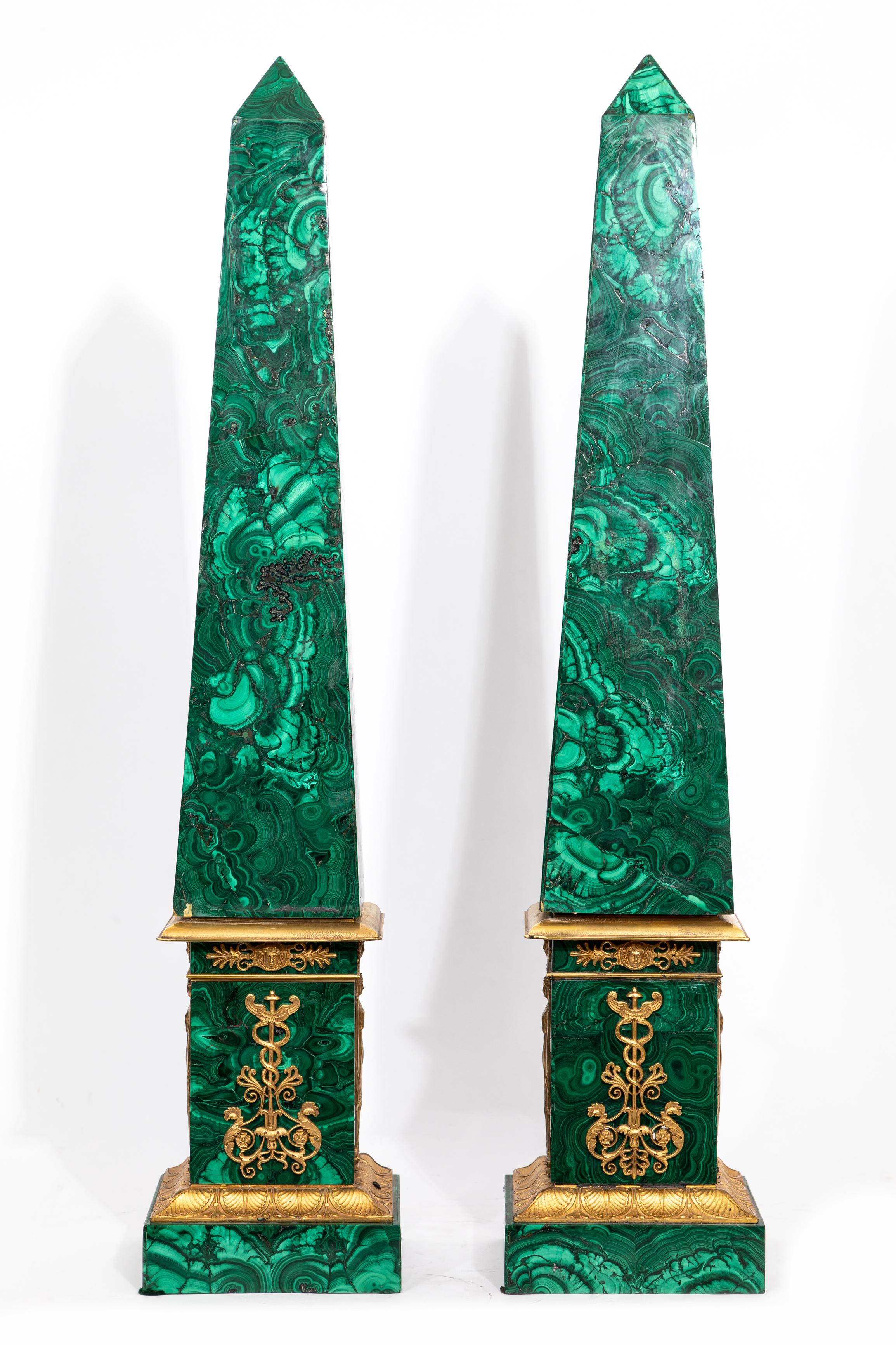 A Fine Pair of Russian Empire Period Malachite And Ormolu Obelisks, Early 1800's In Good Condition For Sale In New York, NY