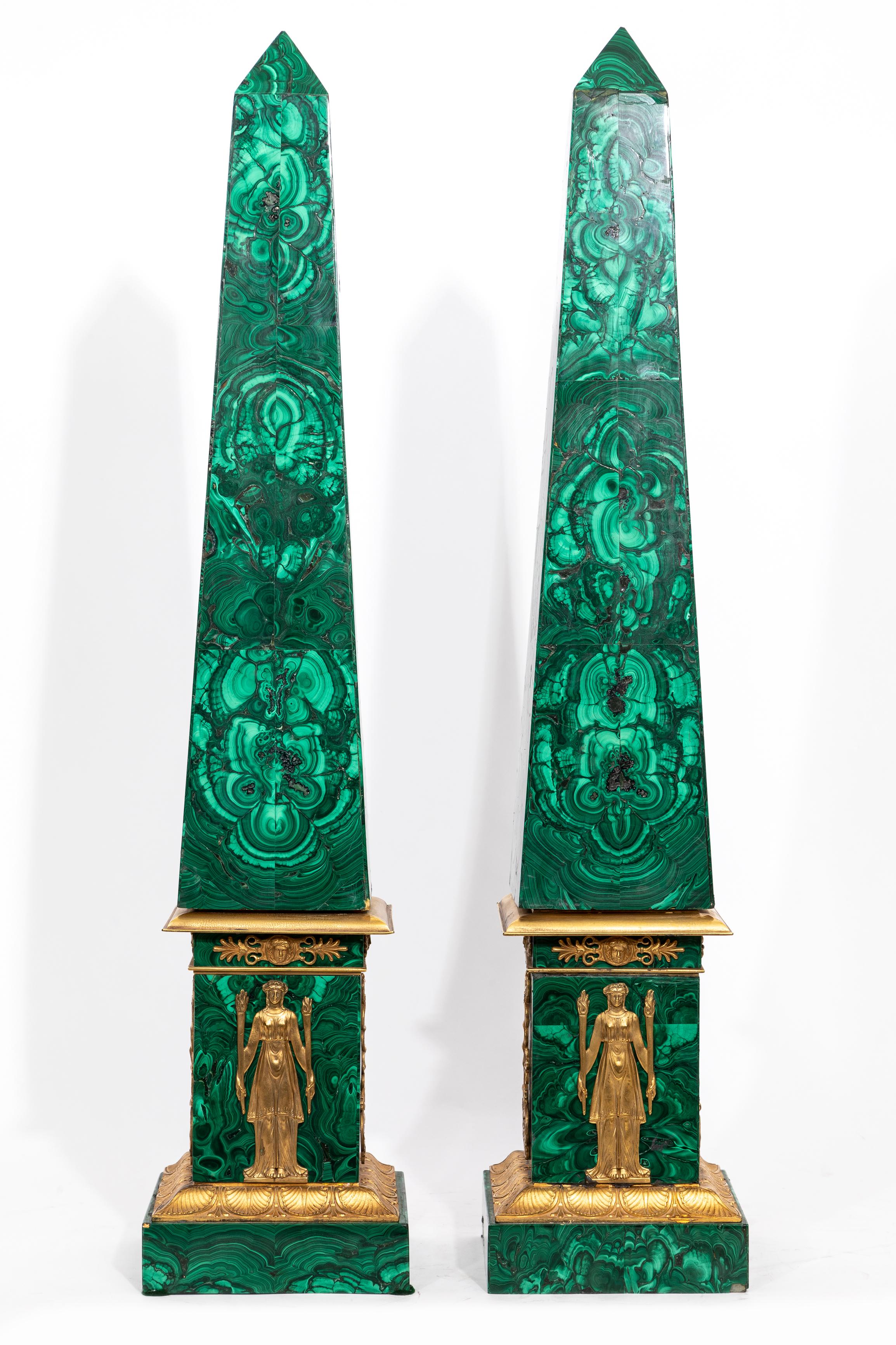 Mid-19th Century A Fine Pair of Russian Empire Period Malachite And Ormolu Obelisks, Early 1800's For Sale
