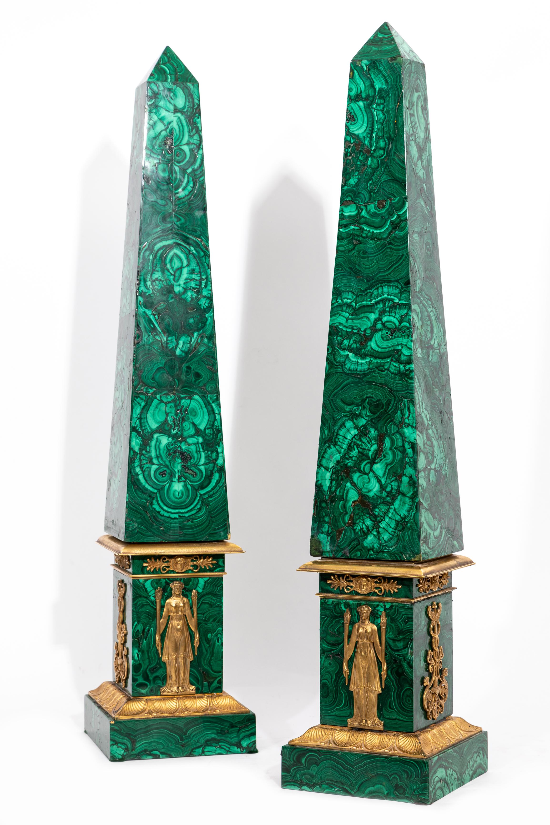A Fine Pair of Russian Empire Period Malachite And Ormolu Obelisks, Early 1800's For Sale 1