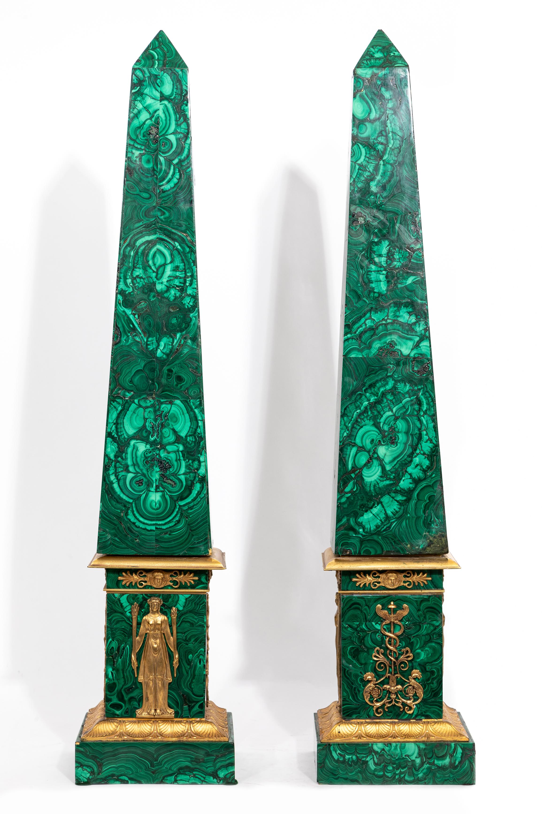 A Fine Pair of Russian Empire Period Malachite And Ormolu Obelisks, Early 1800's For Sale 3