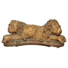 Pair 19th c Sculpted Wood Lions