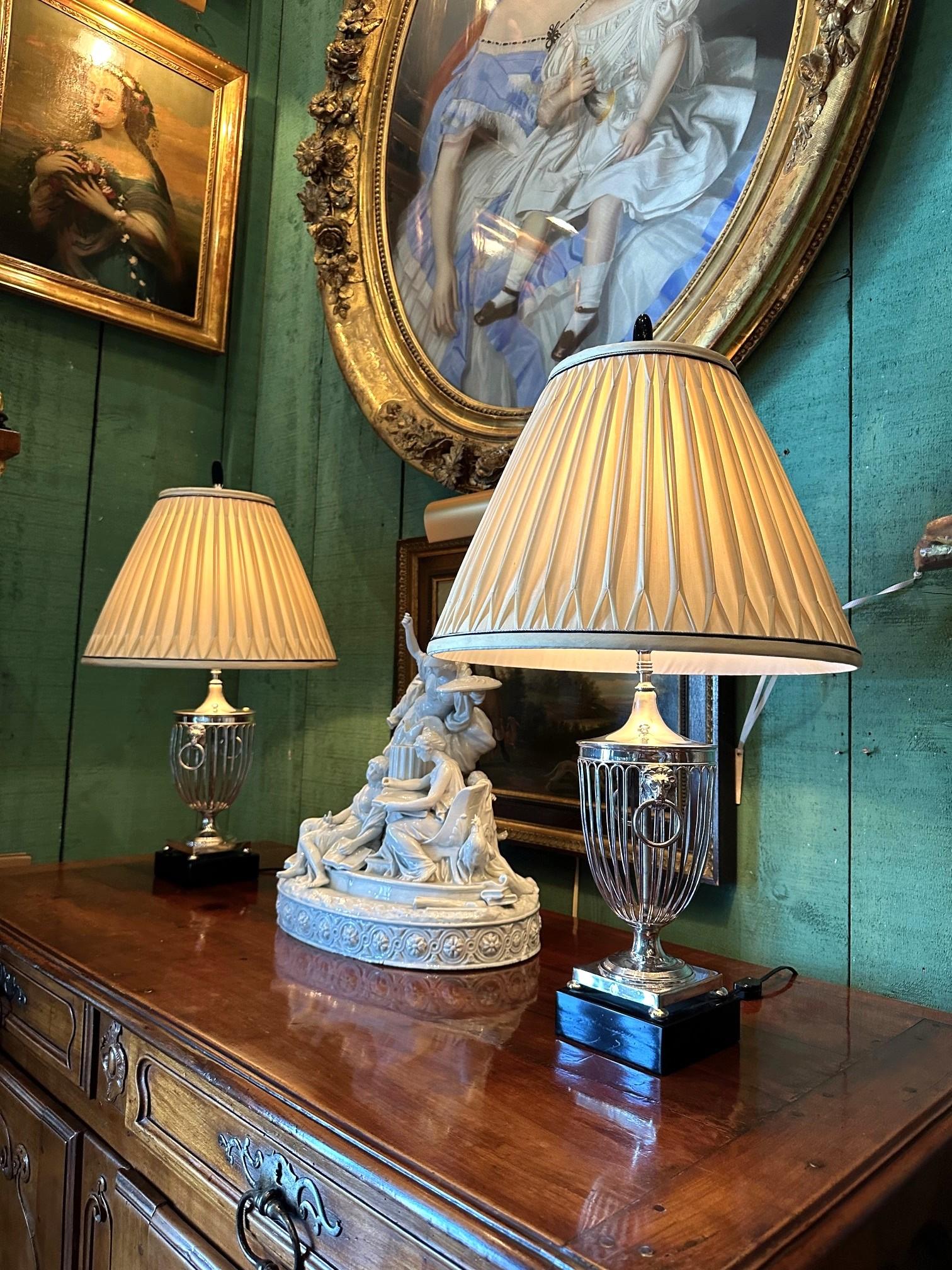 Pair 19th C. Silver Plated Basket Urns Side Night Table Lamps Mood Light Antique 5
