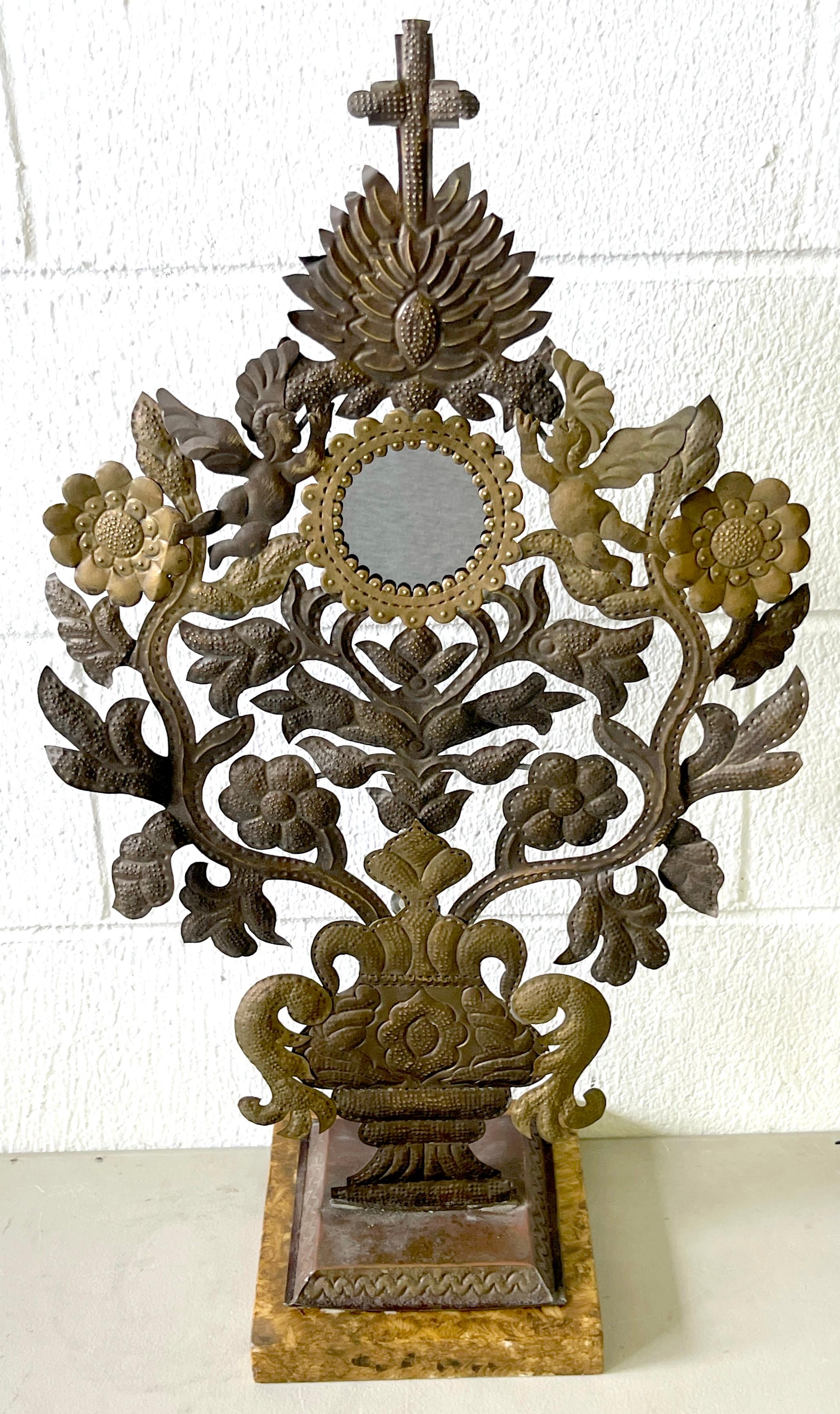 Pair 19th C. Spanish Colonial Baroque Silvered & Gilt Tole Mirrored Reliquary 9