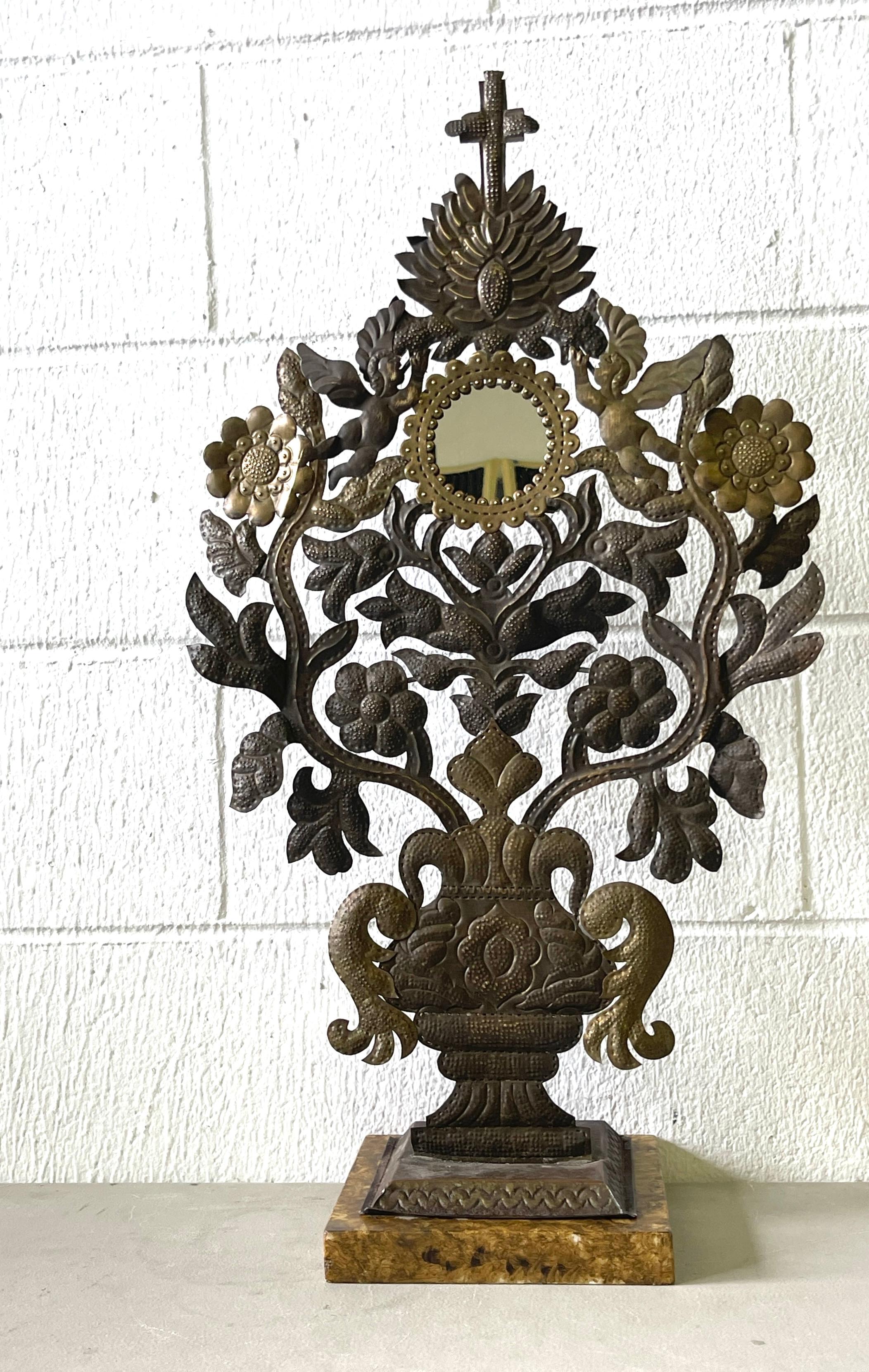 Pair 19th C. Spanish Colonial Baroque Silvered & Gilt Tole Mirrored Reliquary 10