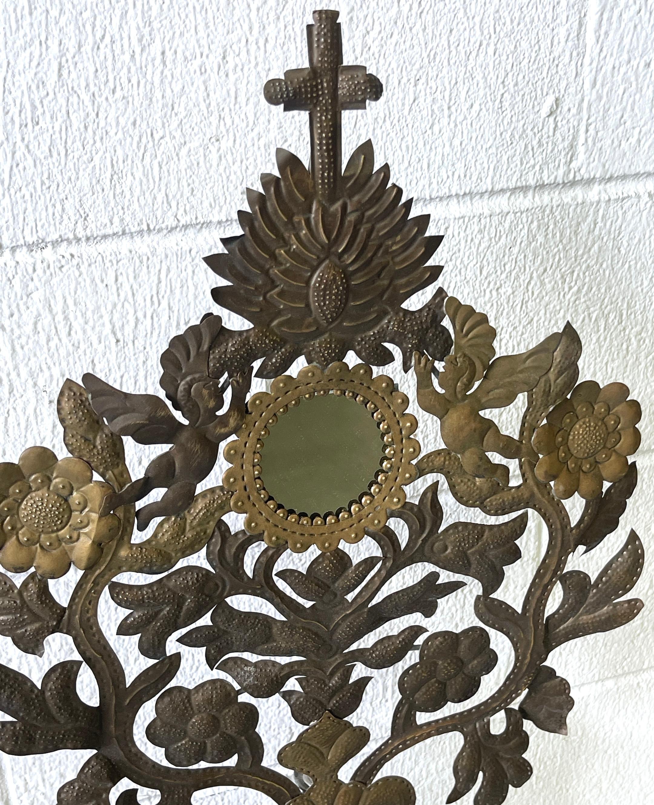 Pair 19th C. Spanish Colonial Baroque Silvered & Gilt Tole Mirrored Reliquary 12