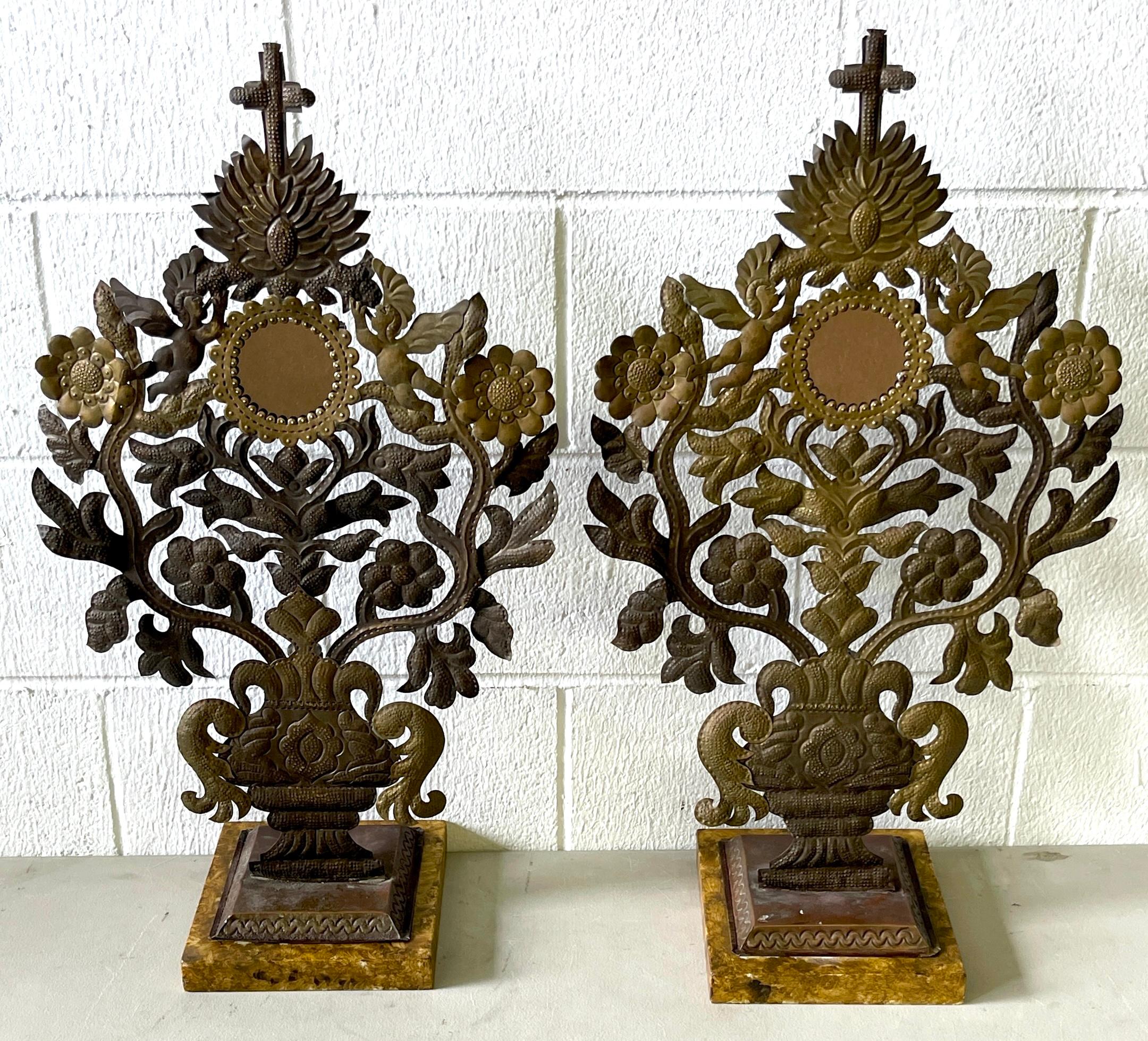 Pair 19th C. Spanish Colonial Baroque Silvered & Gilt Tole Mirrored Reliquary 13