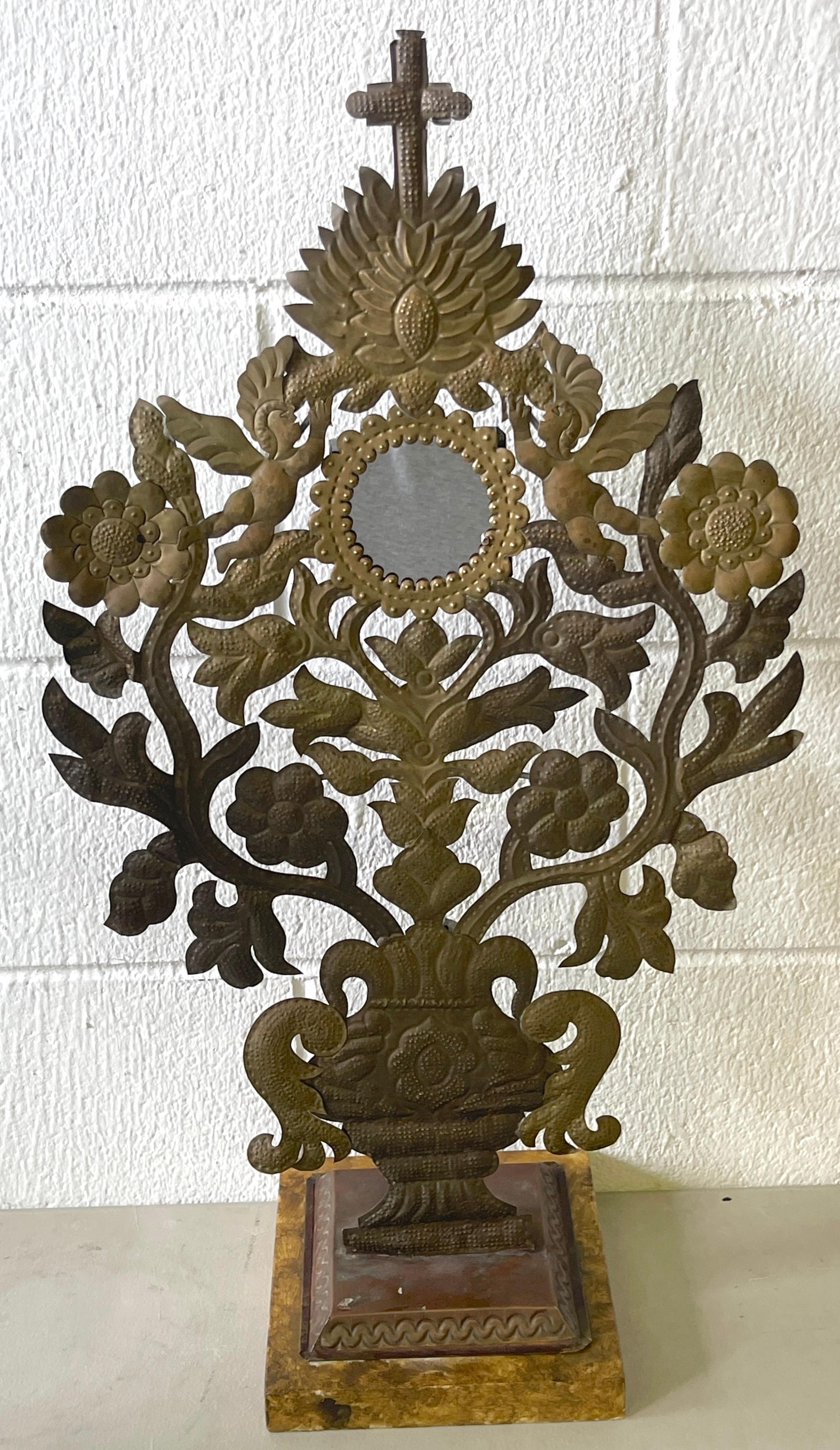 19th Century Pair 19th C. Spanish Colonial Baroque Silvered & Gilt Tole Mirrored Reliquary