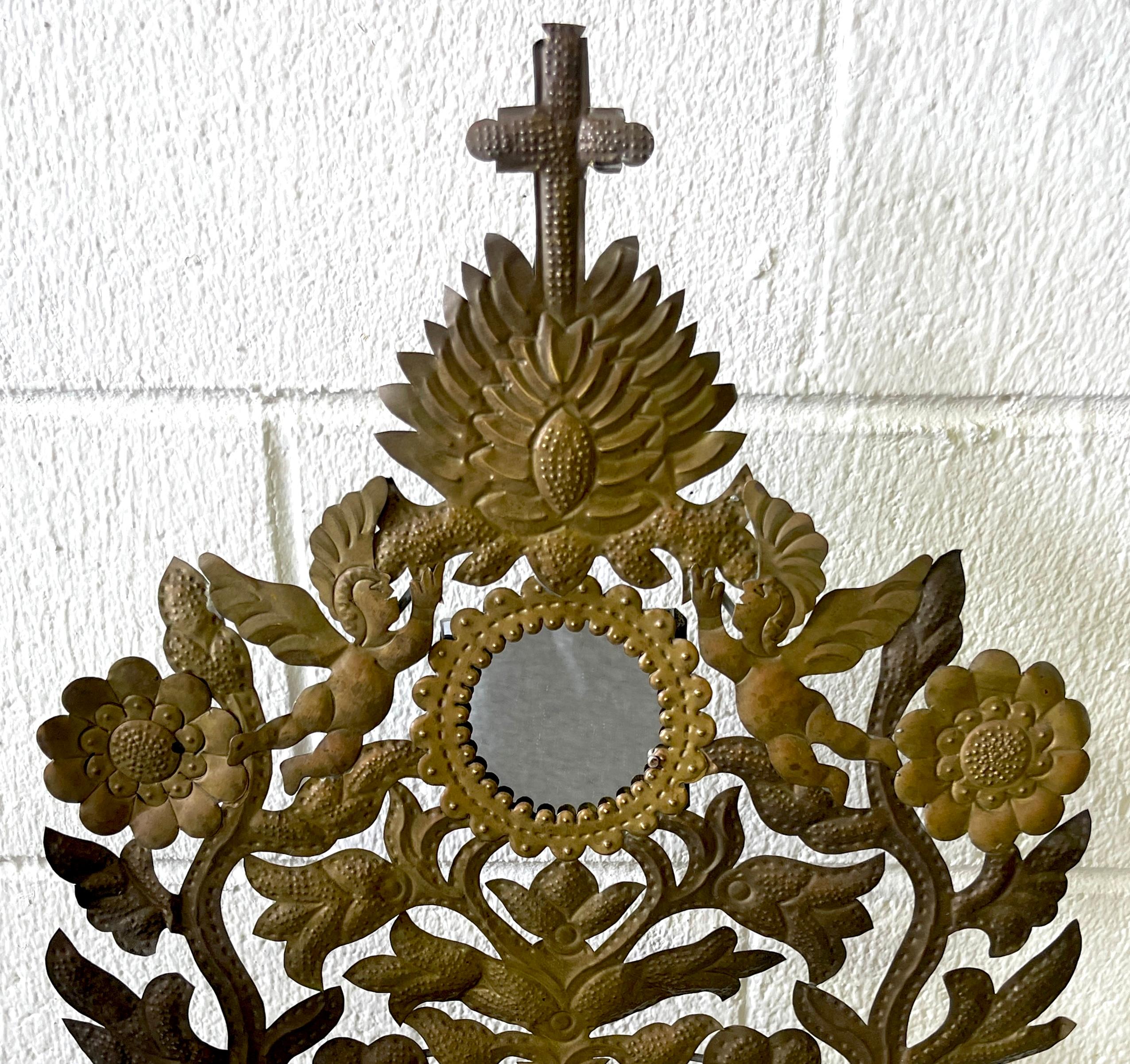 Metal Pair 19th C. Spanish Colonial Baroque Silvered & Gilt Tole Mirrored Reliquary