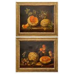 Paire de peintures espagnoles du 19ème siècle, natures mortes avec melon d'après Spadino