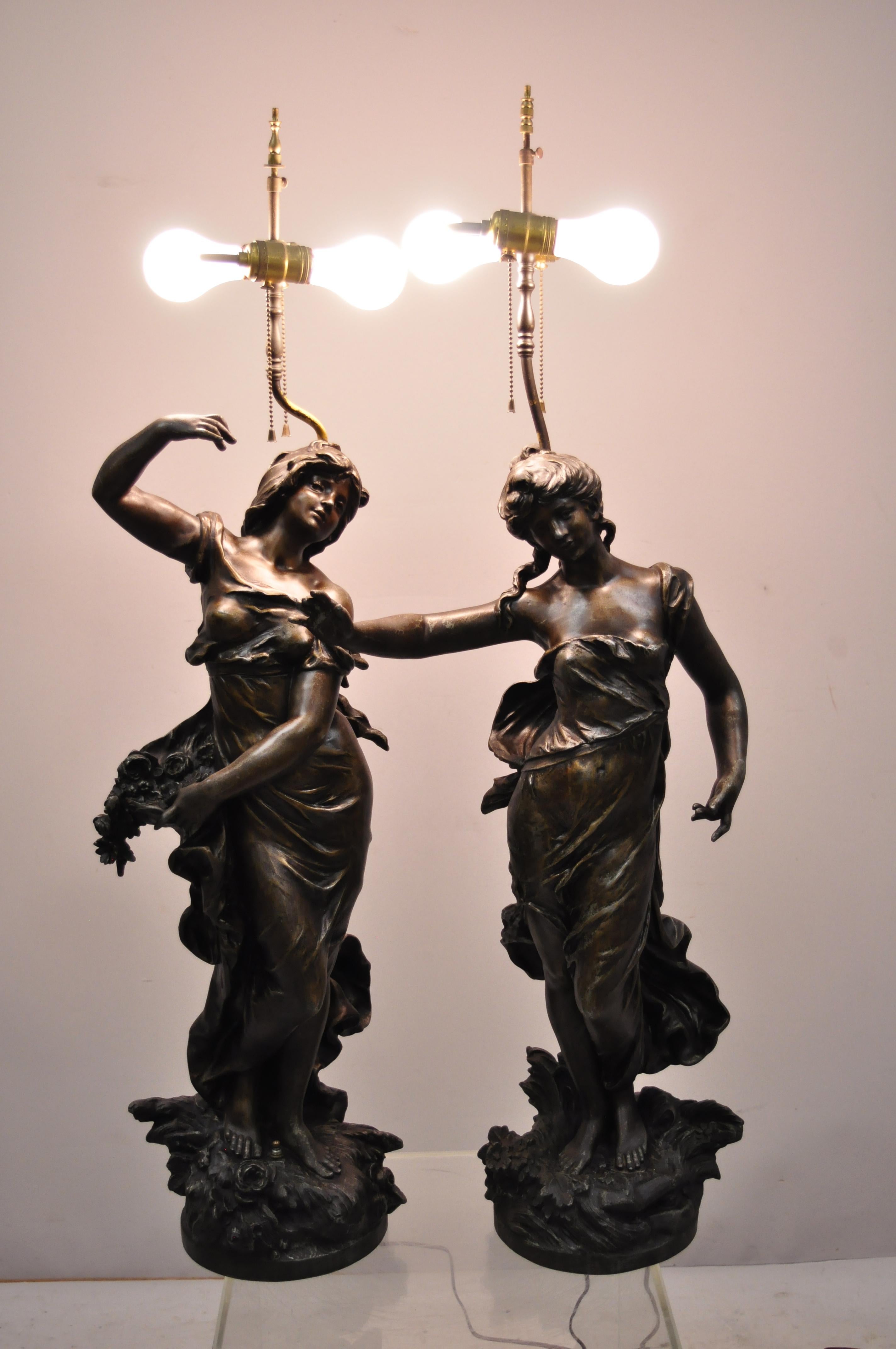 Pair of Spelter Metal Large Figural French Victorian Woman Table Lamps 8