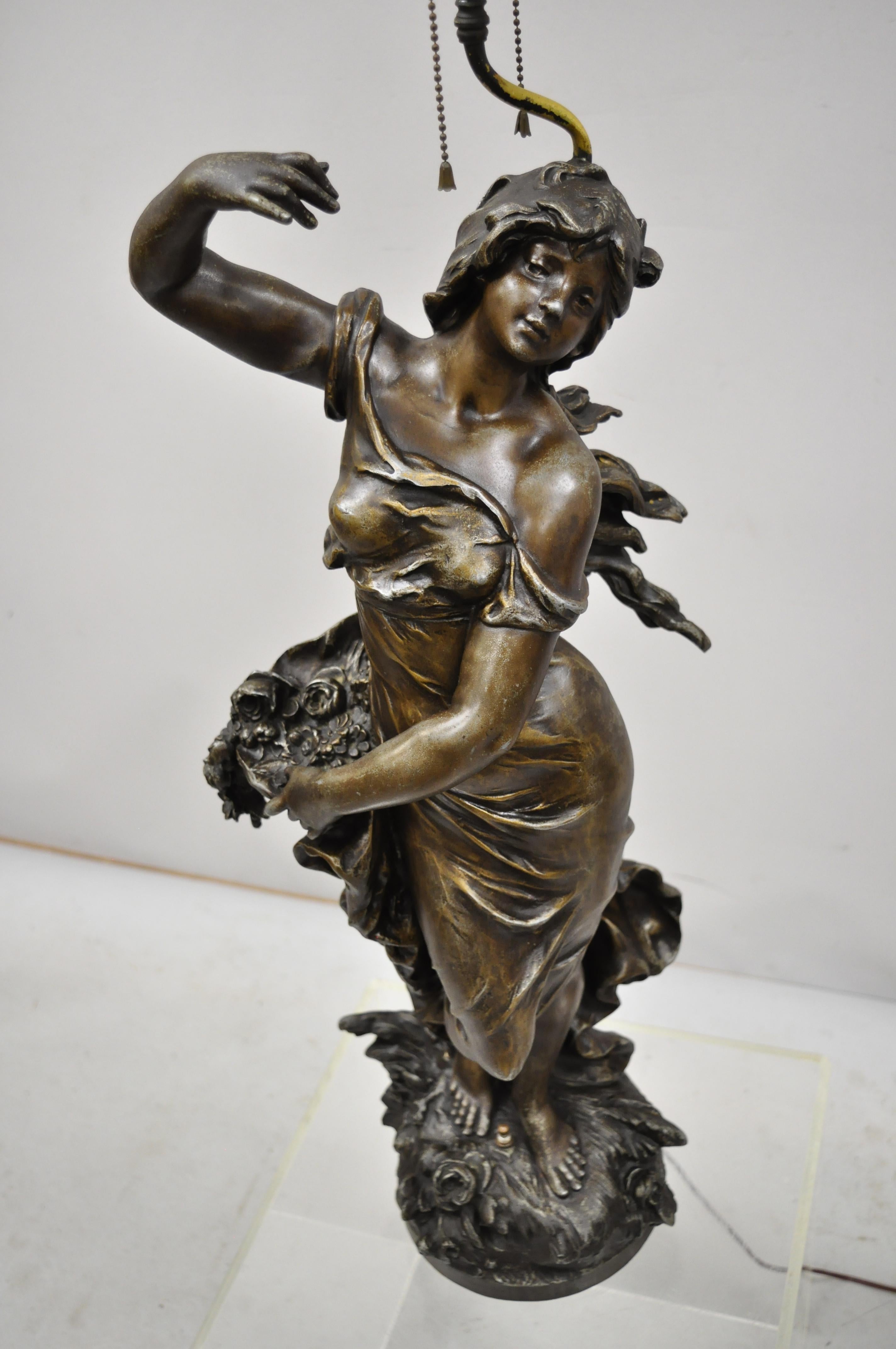 Pair of Spelter Metal Large Figural French Victorian Woman Table Lamps In Good Condition In Philadelphia, PA