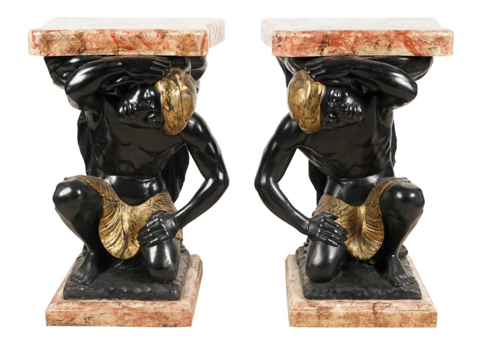 Rococo Pair 19th C Style Venetian Carved and Polychrome Wood Figural Pedestals For Sale